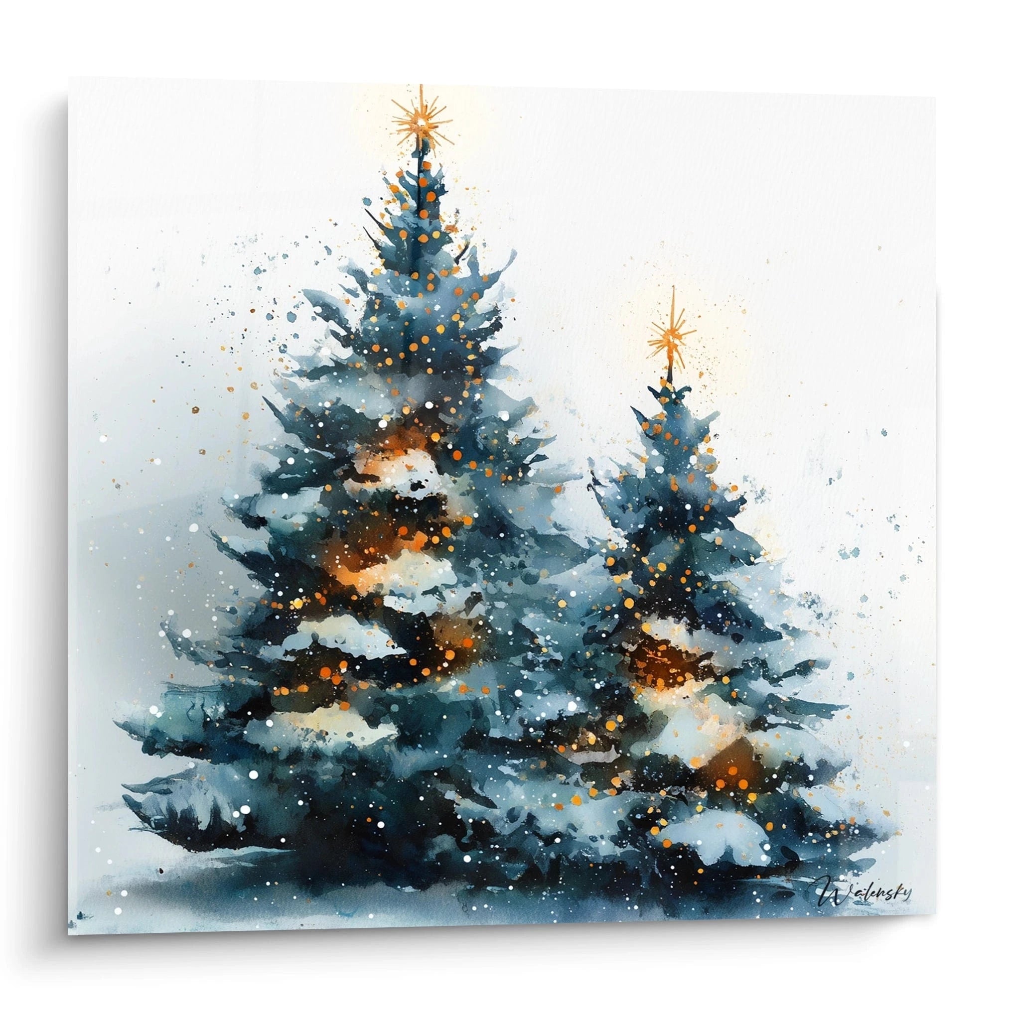 Tableau mural sapin de Noël avec des sapins enneigés illuminés par des étoiles scintillantes