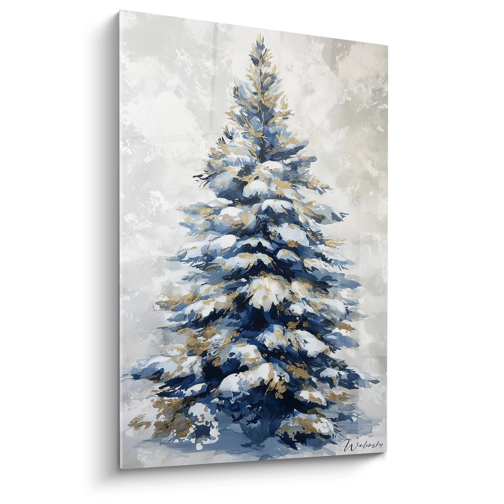 Tableau mural sapin de Noël moderne en bleu et blanc, parfait pour décorer votre intérieur pendant les fêtes