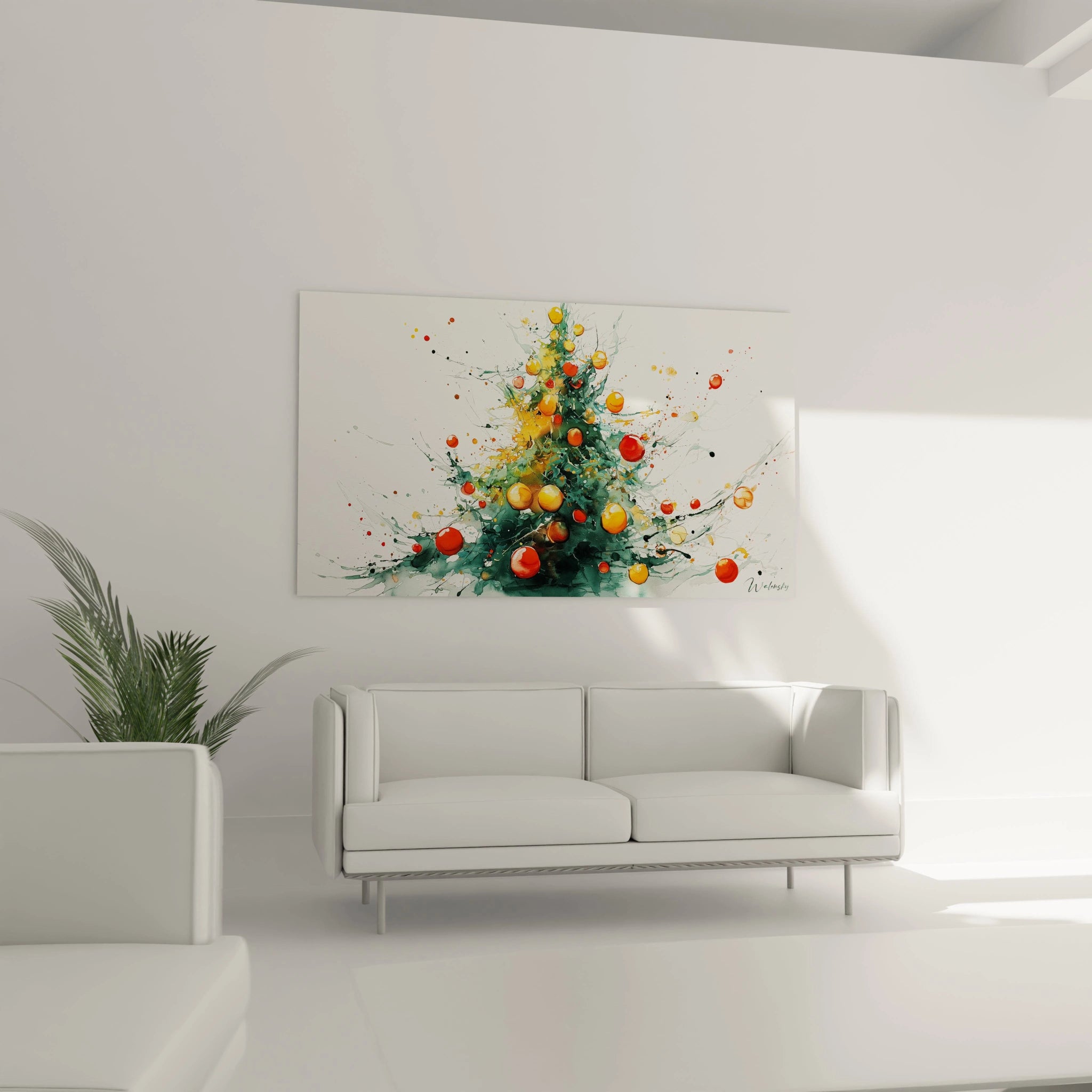 Tableau mural sapin de Noël aquarelle avec des couleurs vives et des embellissements décoratifs