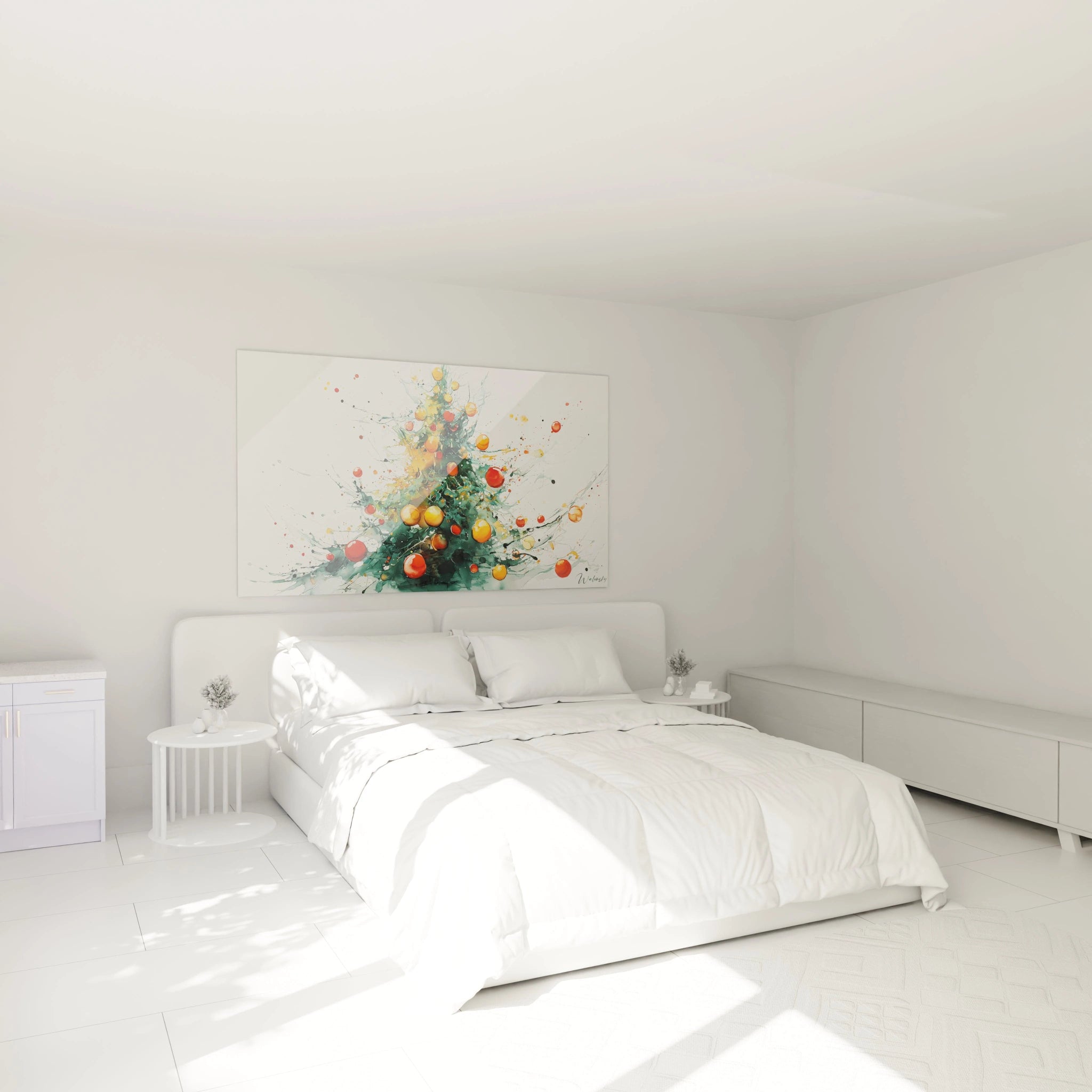 Tableau sapin de Noël aquarelle sur mur blanc dans une chambre moderne avec lit et meubles minimalistes