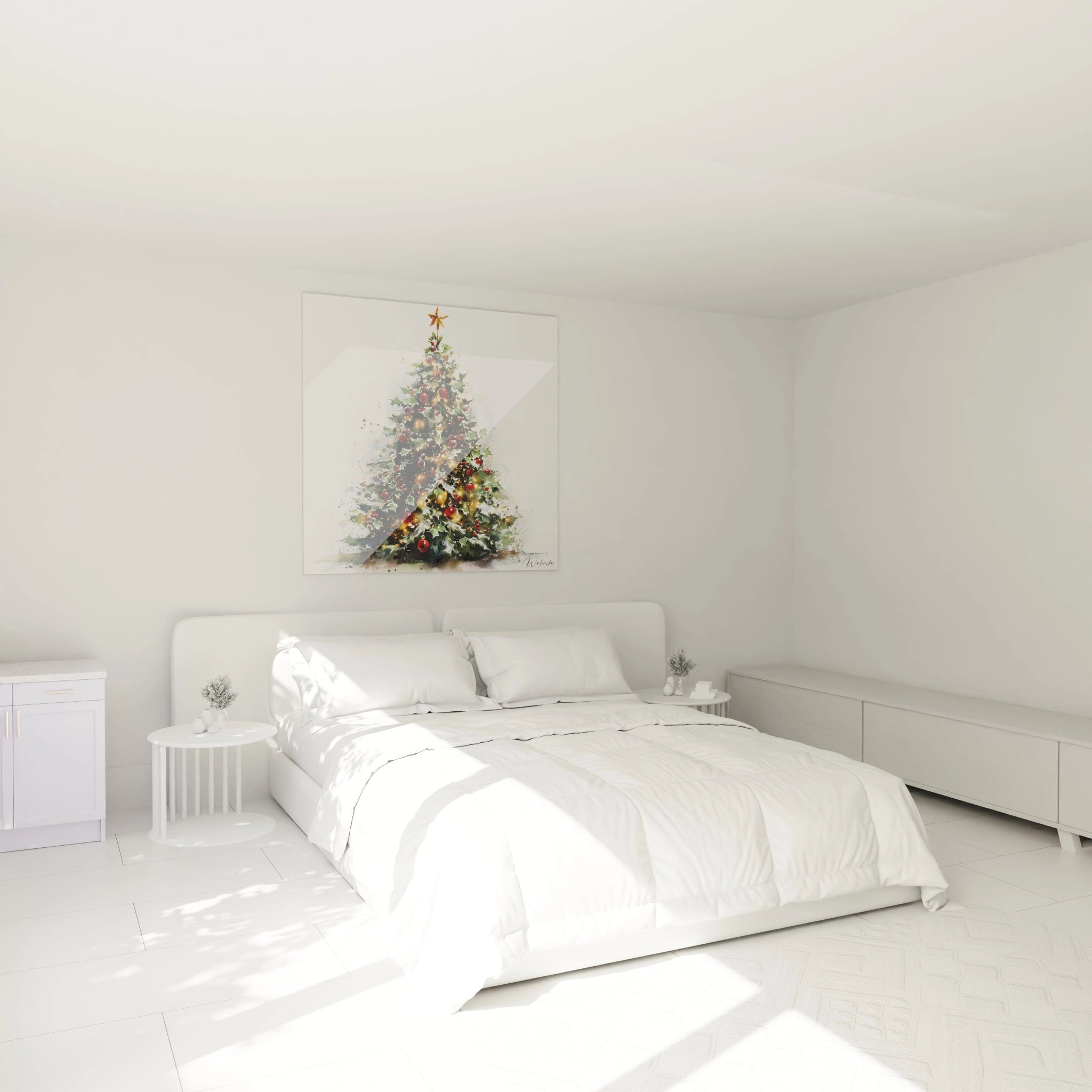 Tableau mural sapin de Noël haut de gamme dans une chambre moderne avec lit blanc