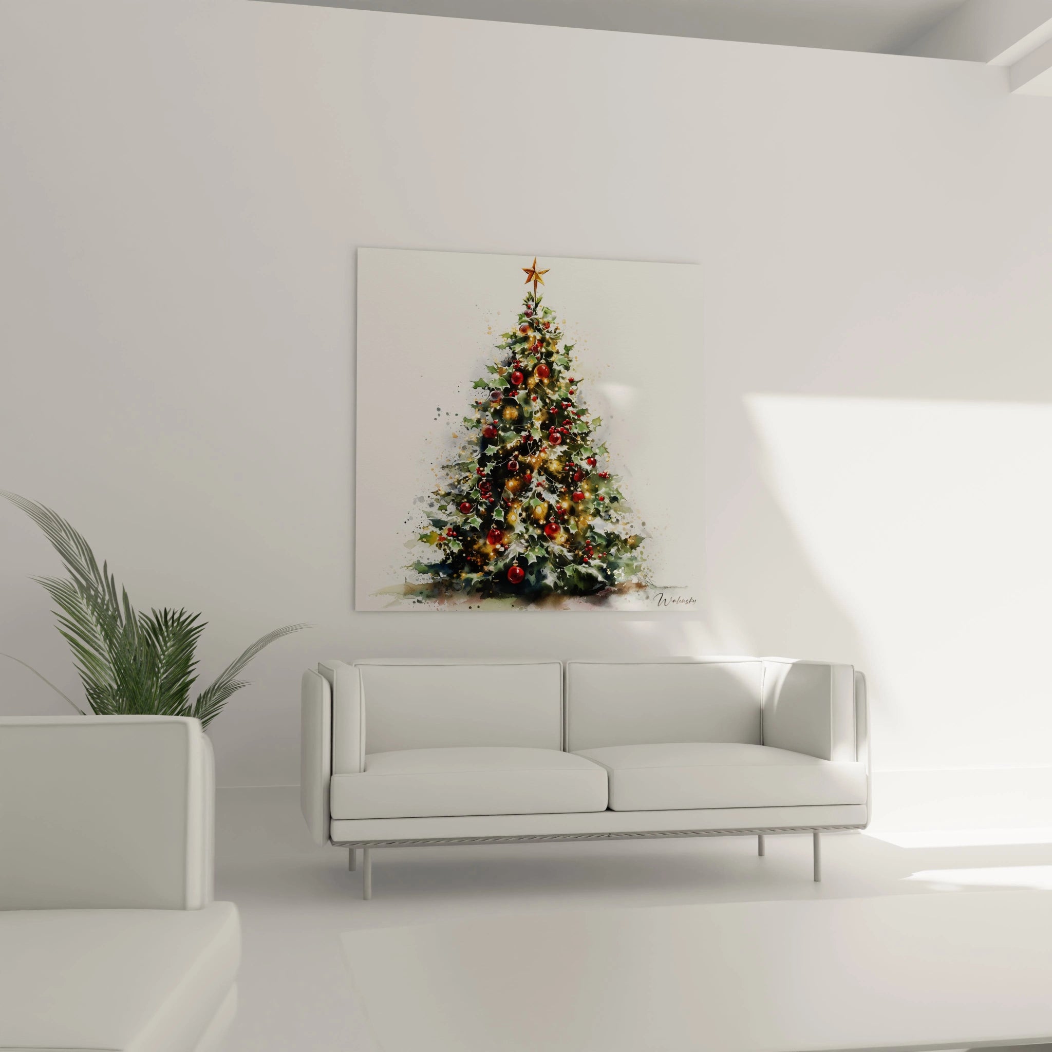 Tableau sapin de Noël haut de gamme, décoratif, avec un sapin élégant dans un salon moderne