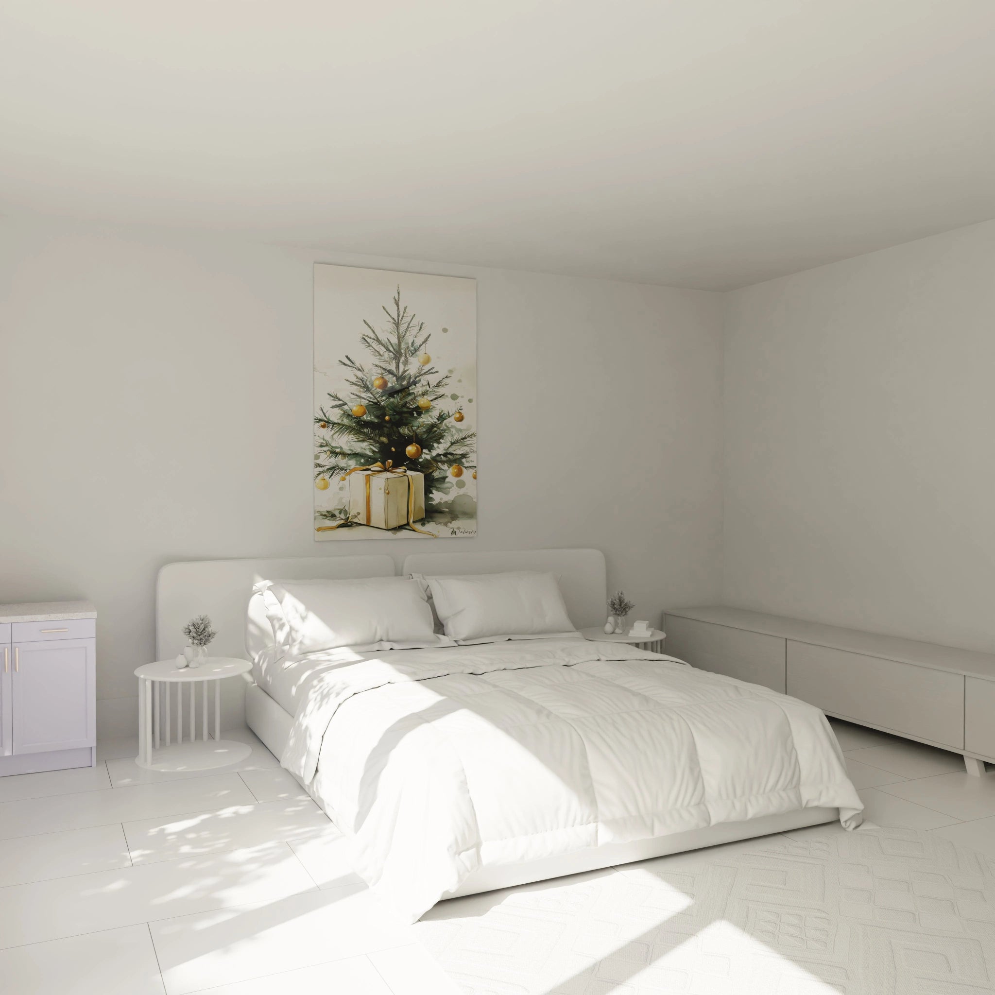 Tableau mural sapin de Noël or dans une chambre lumineuse avec lit blanc et décoration élégante