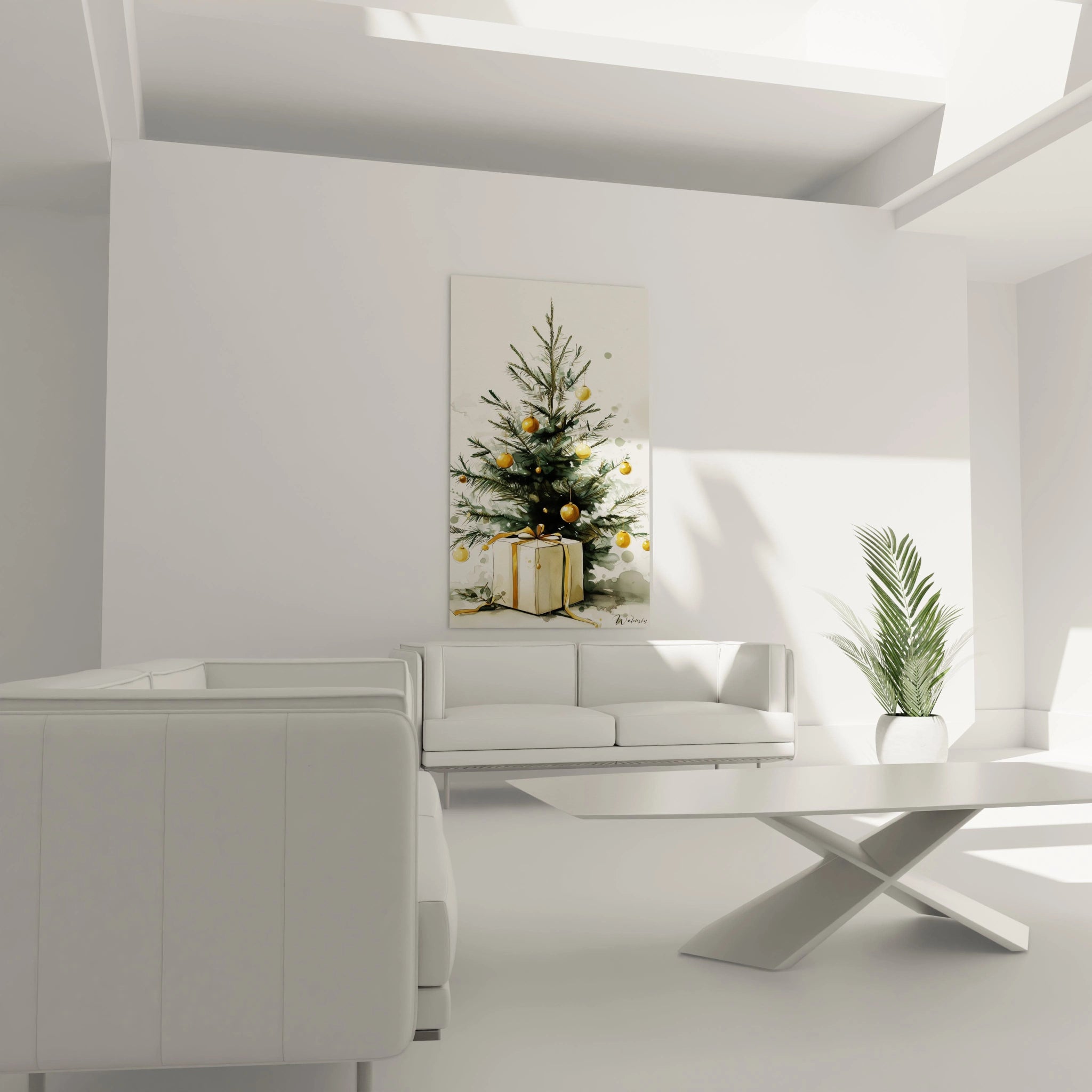 Tableau sapin de Noël or avec décorations et cadeaux, parfait pour une ambiance festive