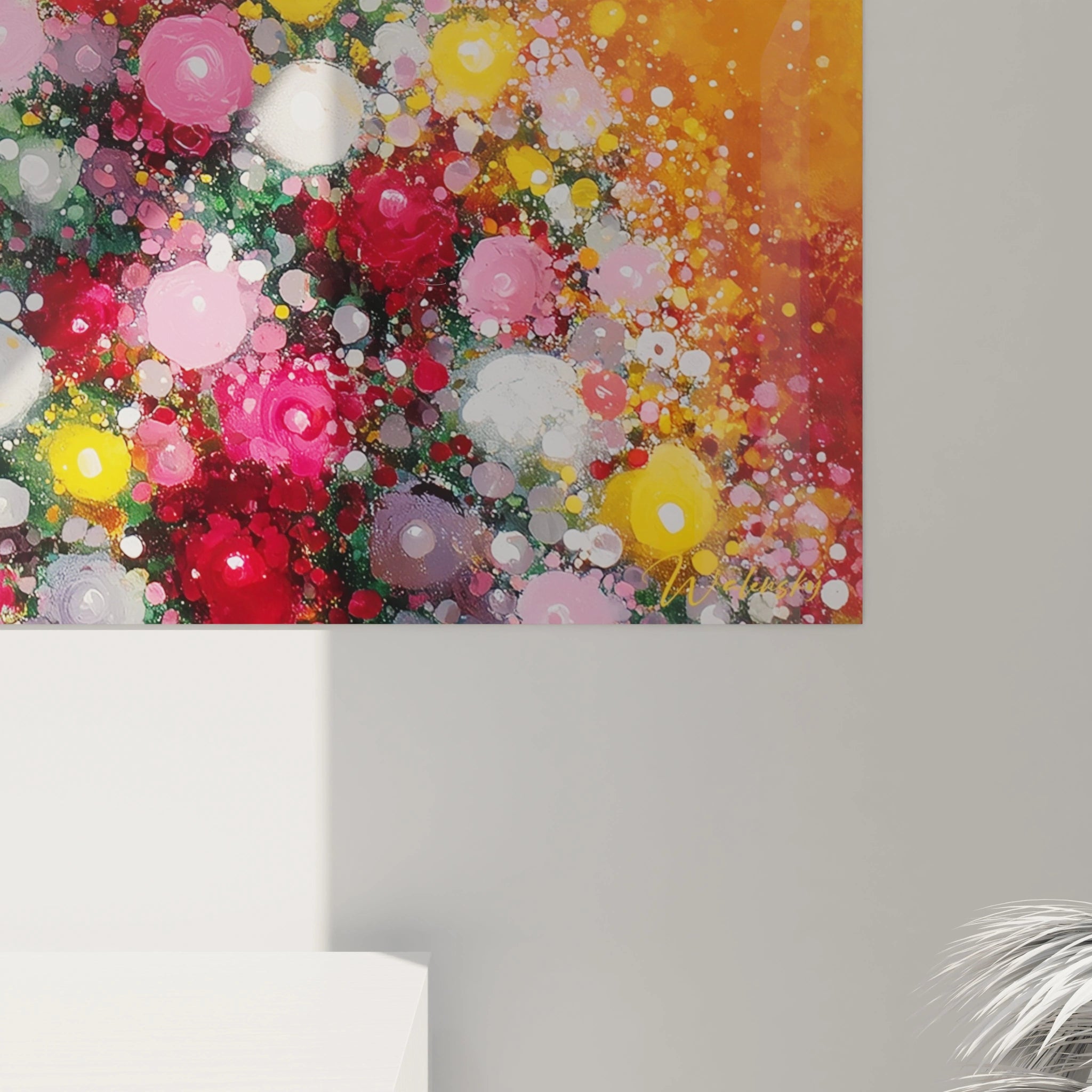 Tableau mural avec des fleurs colorées sur fond orange, tableau sapin de Noël moderne