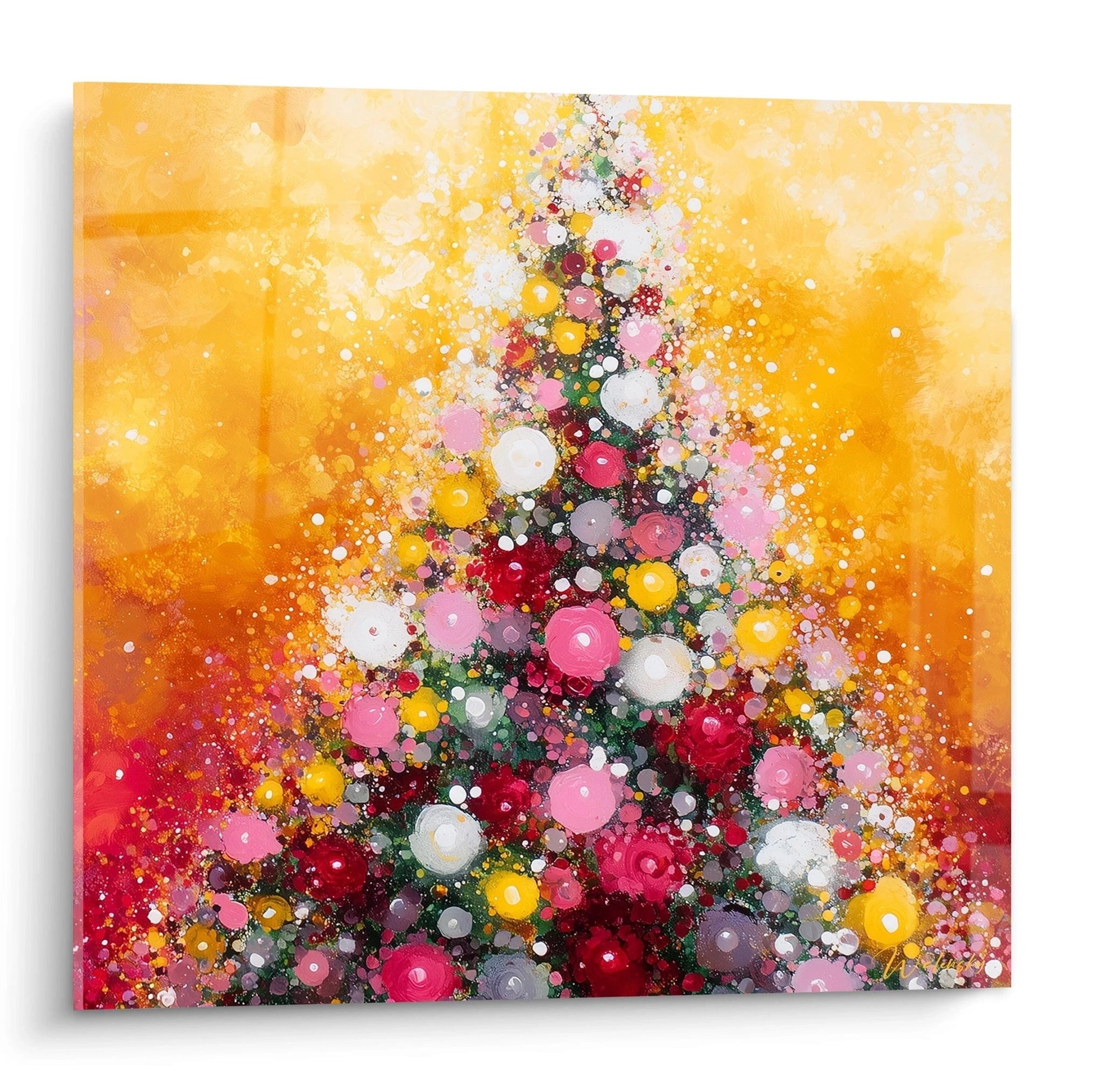 Tableau sapin de Noël moderne avec décorations colorées sur fond jaune