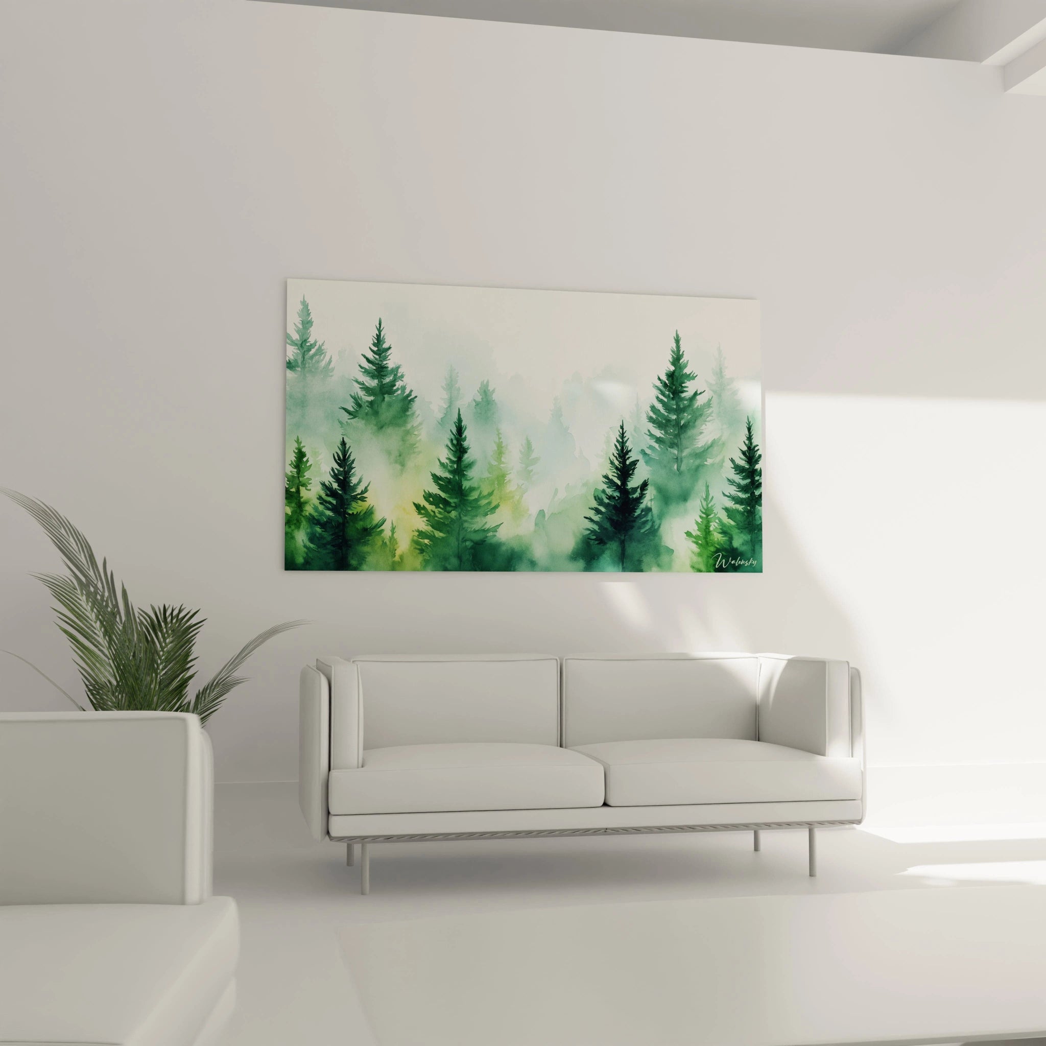 Un tableau Sapin nature montrant une forêt dense de sapins sombres, entourée d’un dégradé de vert clair et de blanc diffus, avec des contours flous et une lumière tamisée en arrière-plan.