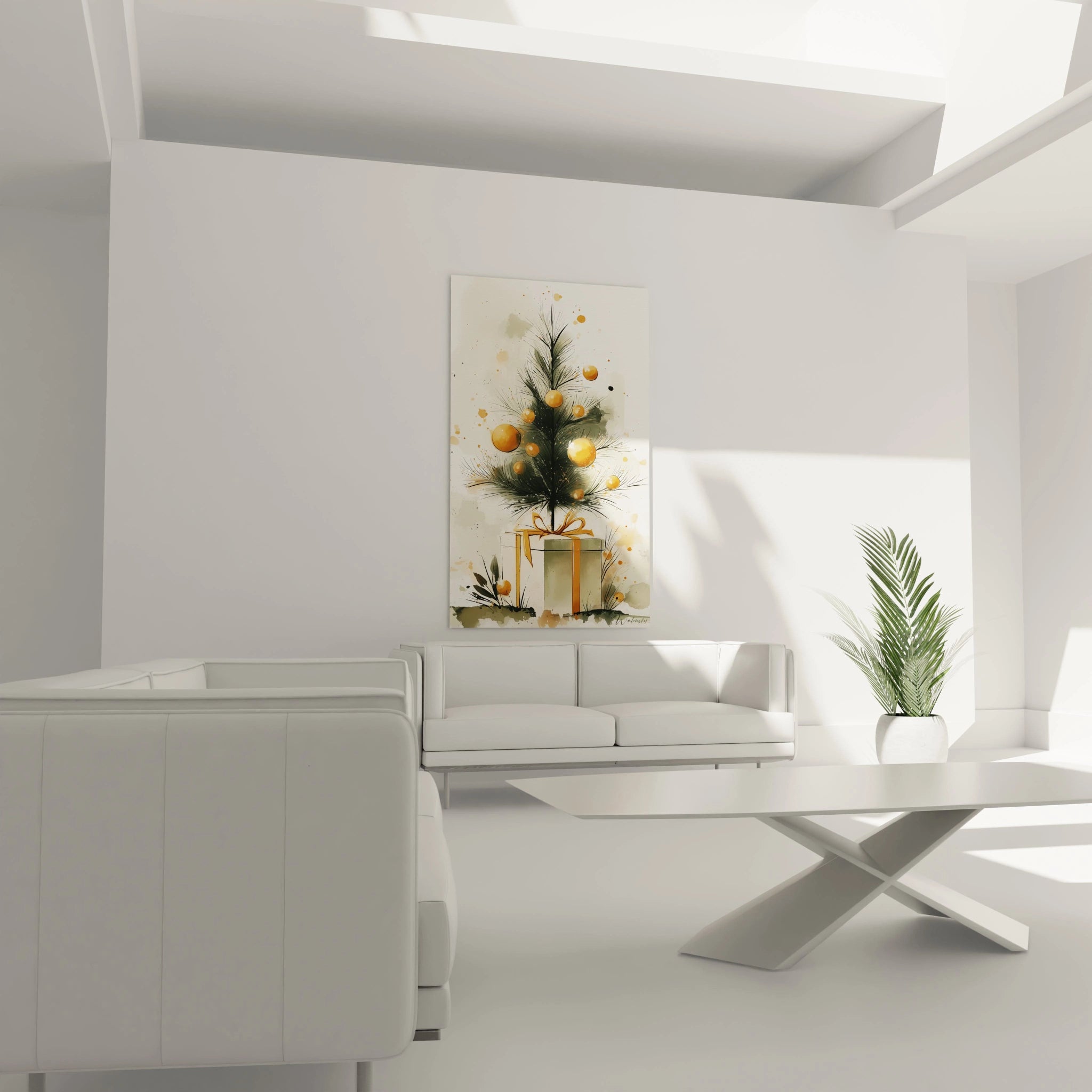 Tableau mural sapin de Noël doré avec décorations pour un intérieur élégant et festif