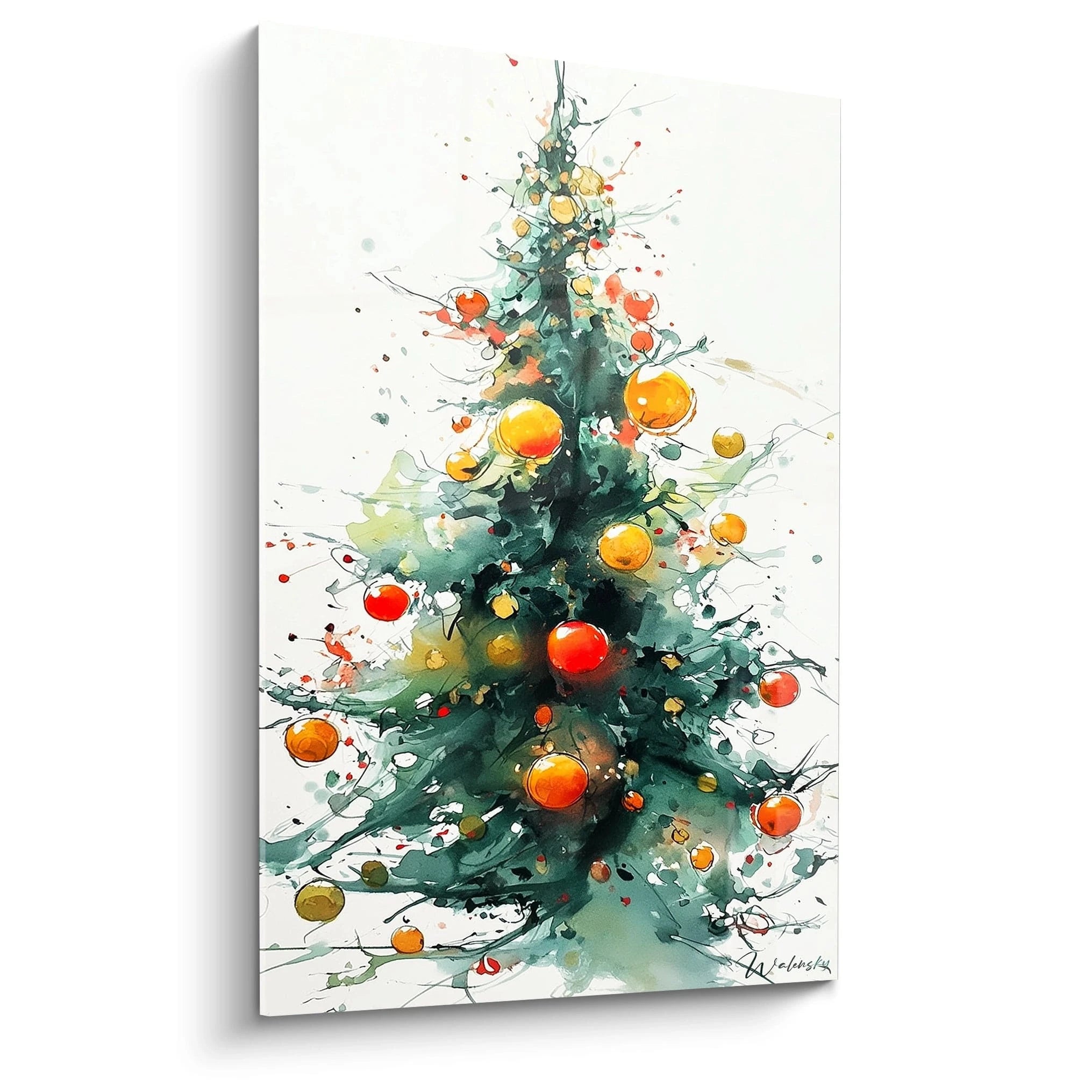 Tableau sapin de Noël moderne avec des décorations colorées et un style artistique abstrait