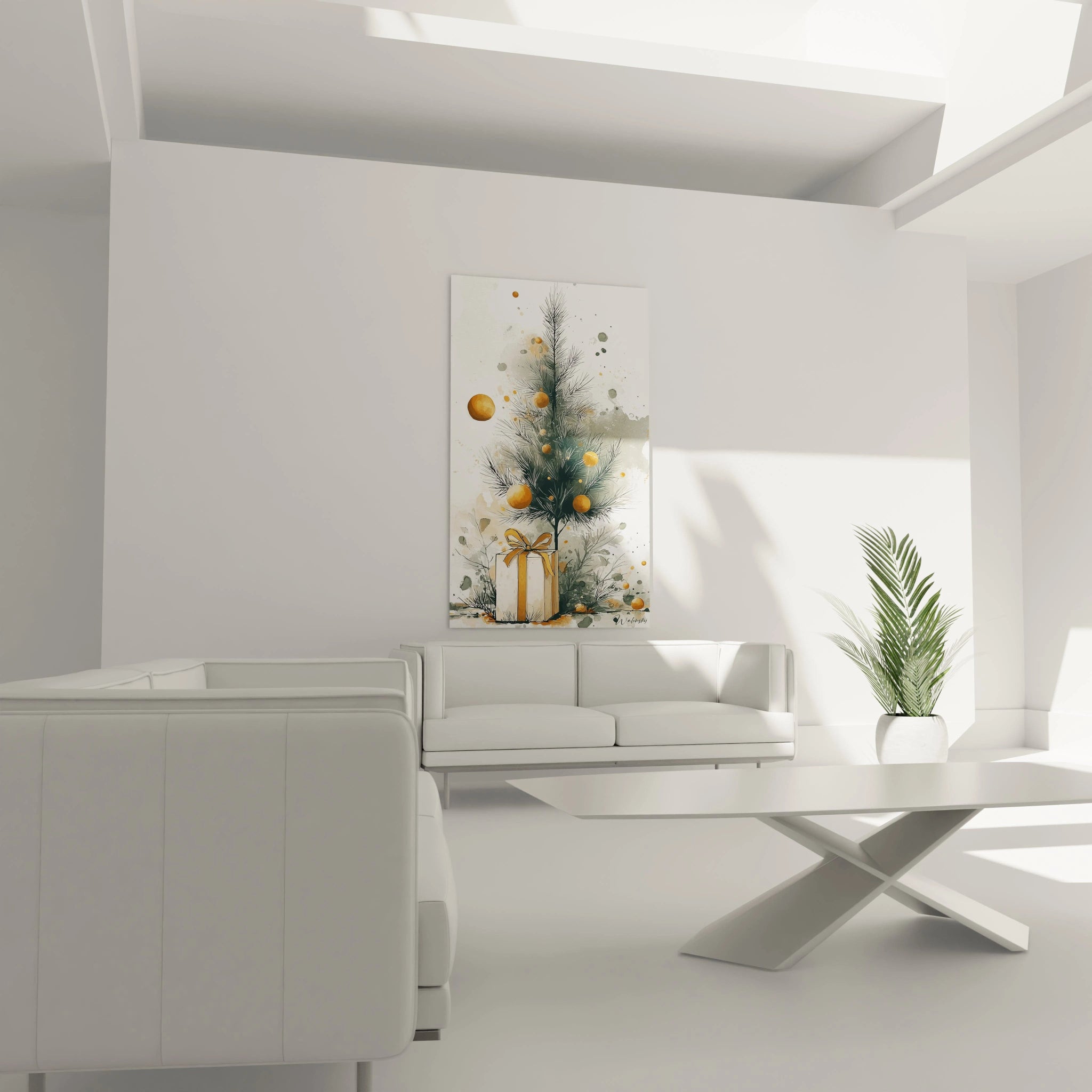 Tableau sapin de Noël moderne avec des décorations dorées sur un fond lumineux