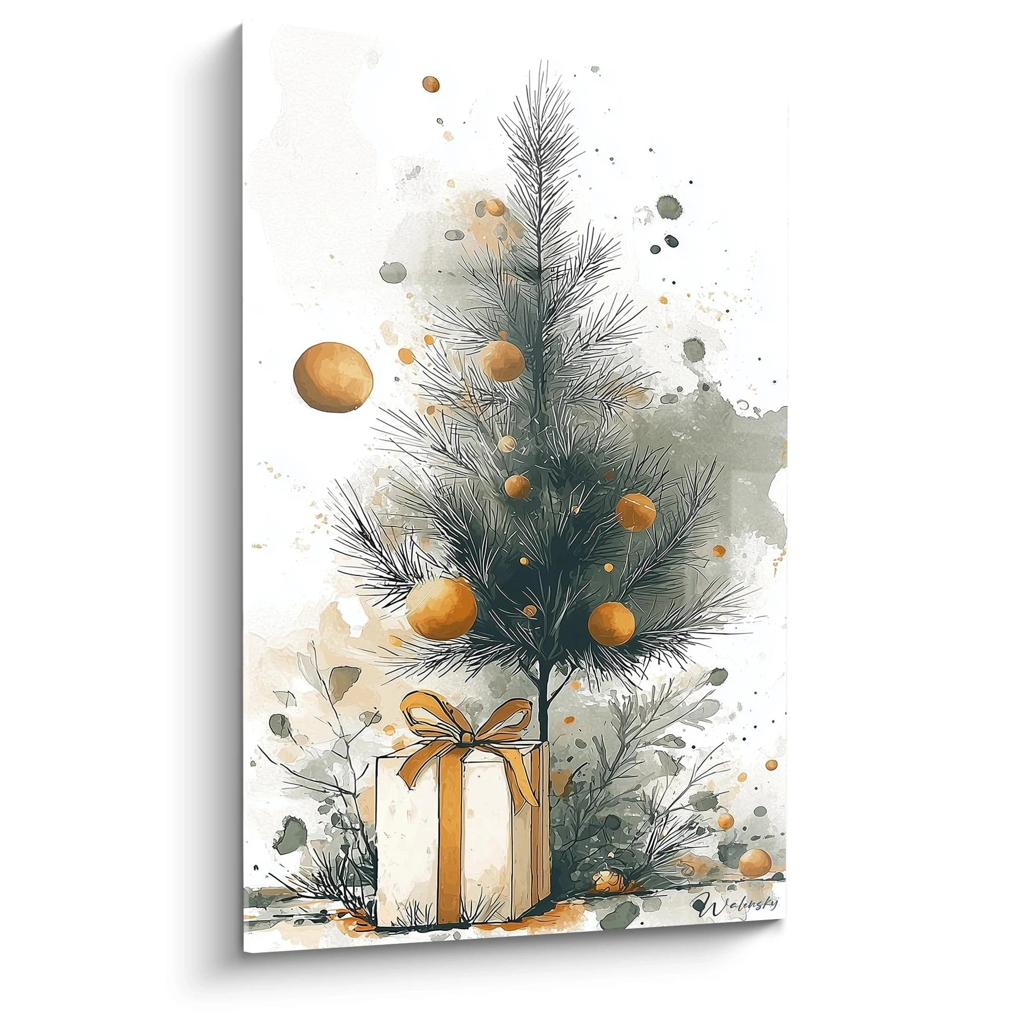 Tableau sapin de Noël moderne avec un cadeau et des ornements dorés sur fond aquarelle