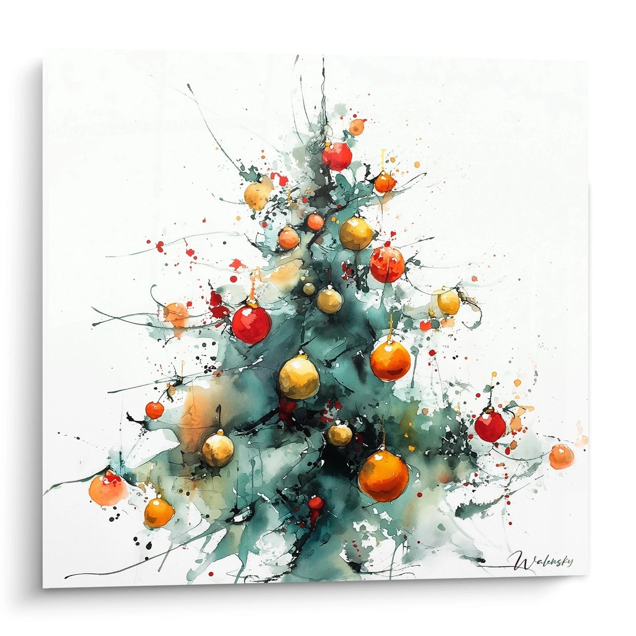 Tableau mural sapin de Noël moderne avec décorations dorées et rouges, style aquarelle par Walensky