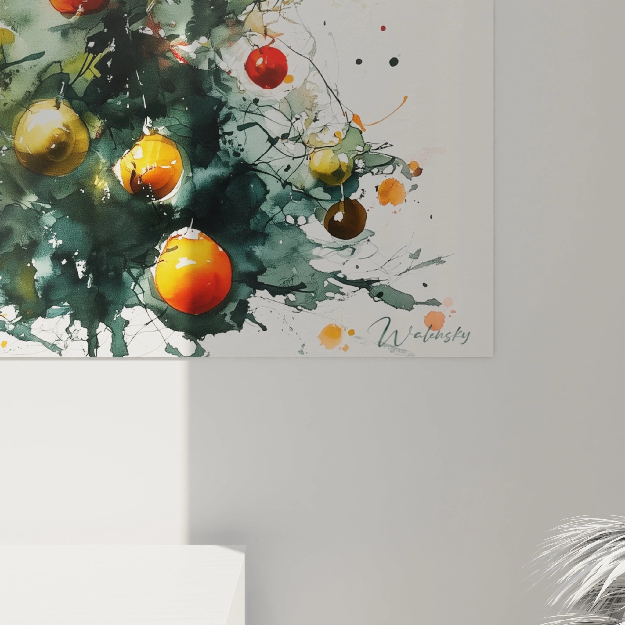 Tableau mural sapin de Noël moderne avec des couleurs vives et des ornements décoratifs
