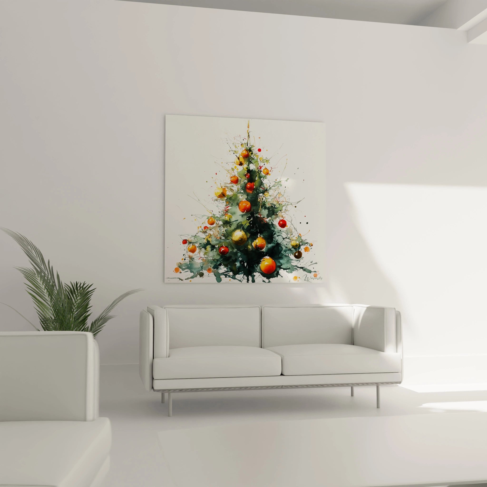Tableau sapin de Noël moderne décoratif sur un mur dans un salon minimaliste