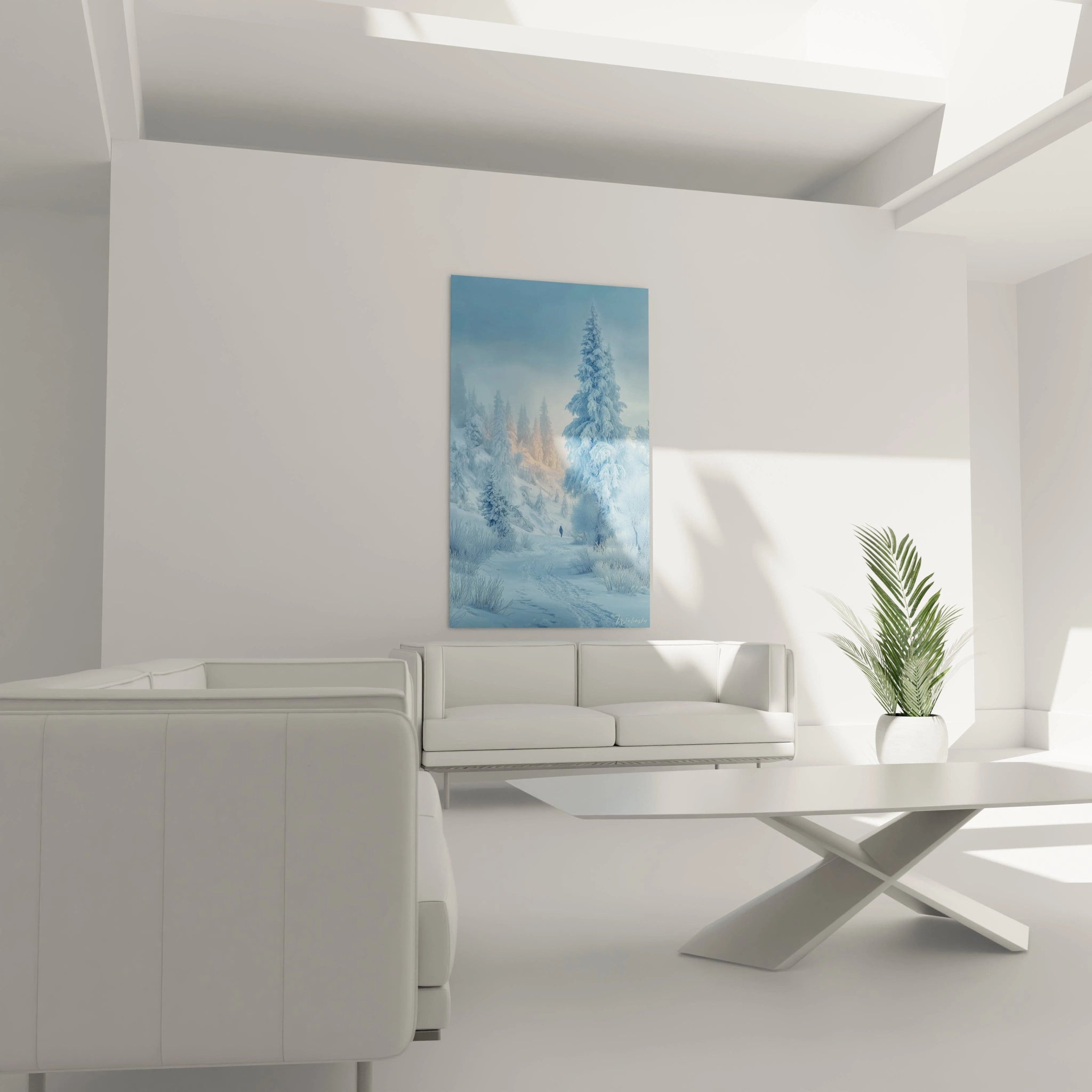 Tableau mural Walensky tableau paysage hivernal coloré et stylisé avec collines ondulantes, rivière et village paisible