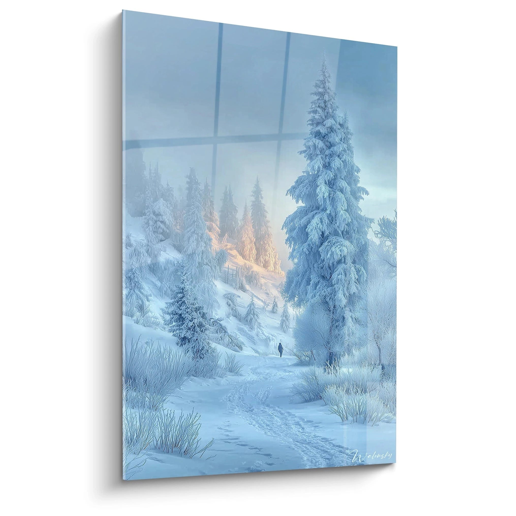 Tableau mural Walensky tableau paysage hivernal grand format montrant forêt enneigée sentier et personnage au loin