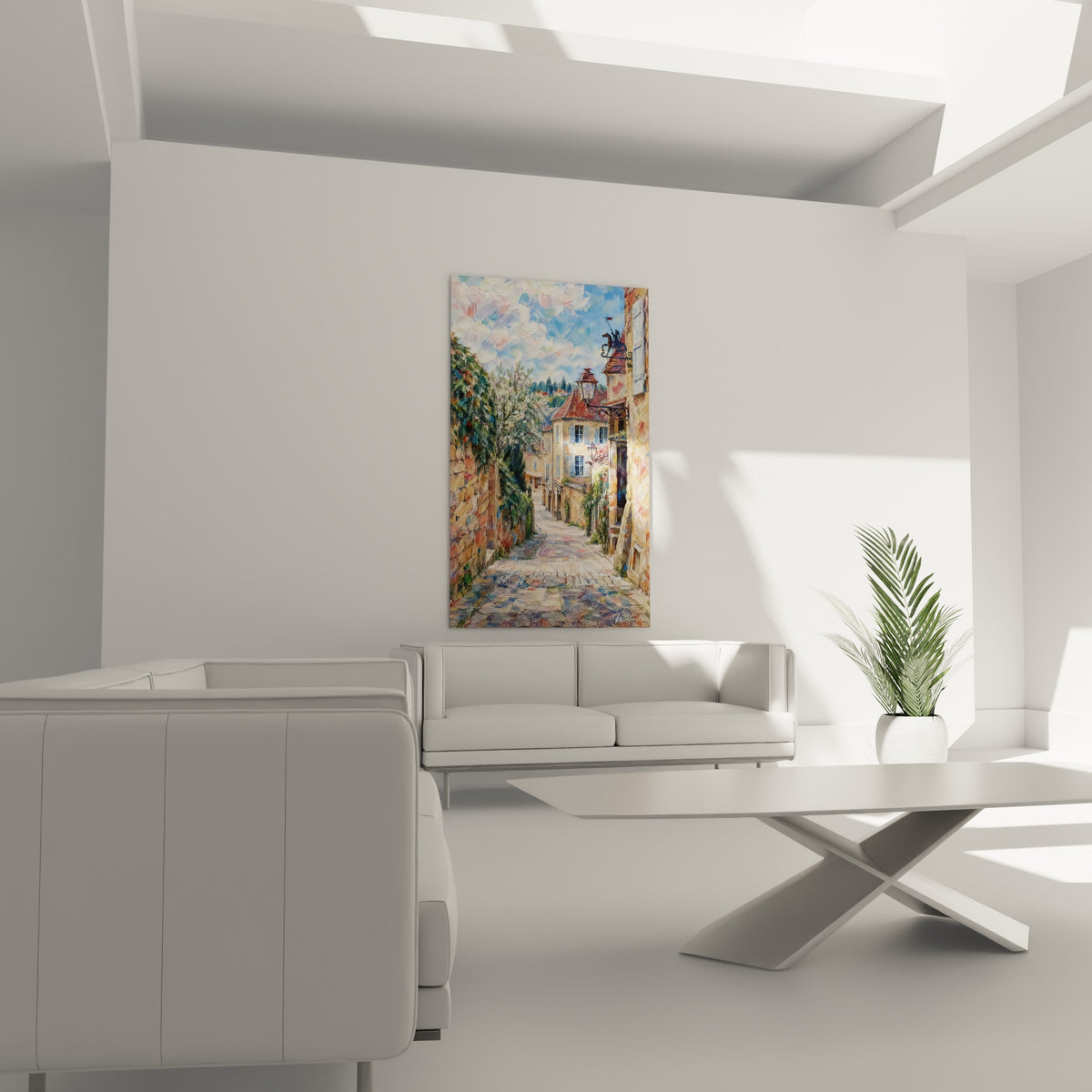 Venelle pavée et pierre terracotta de Sarlat-la-Canéda au-dessus d'un canapé dans un salon lumineux