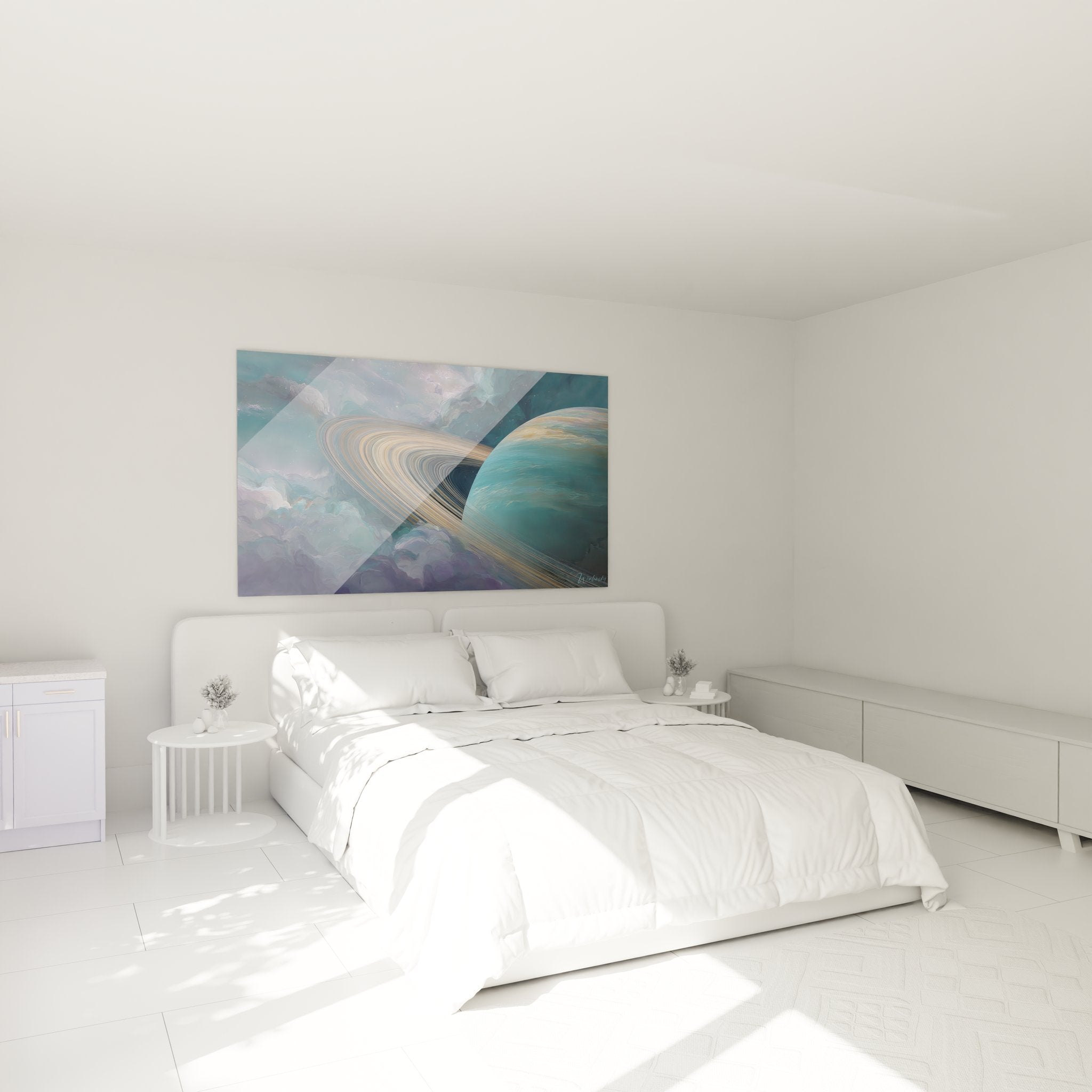 Tableau saturne éthéré dans chambre moderne, décoration murale espace élégante