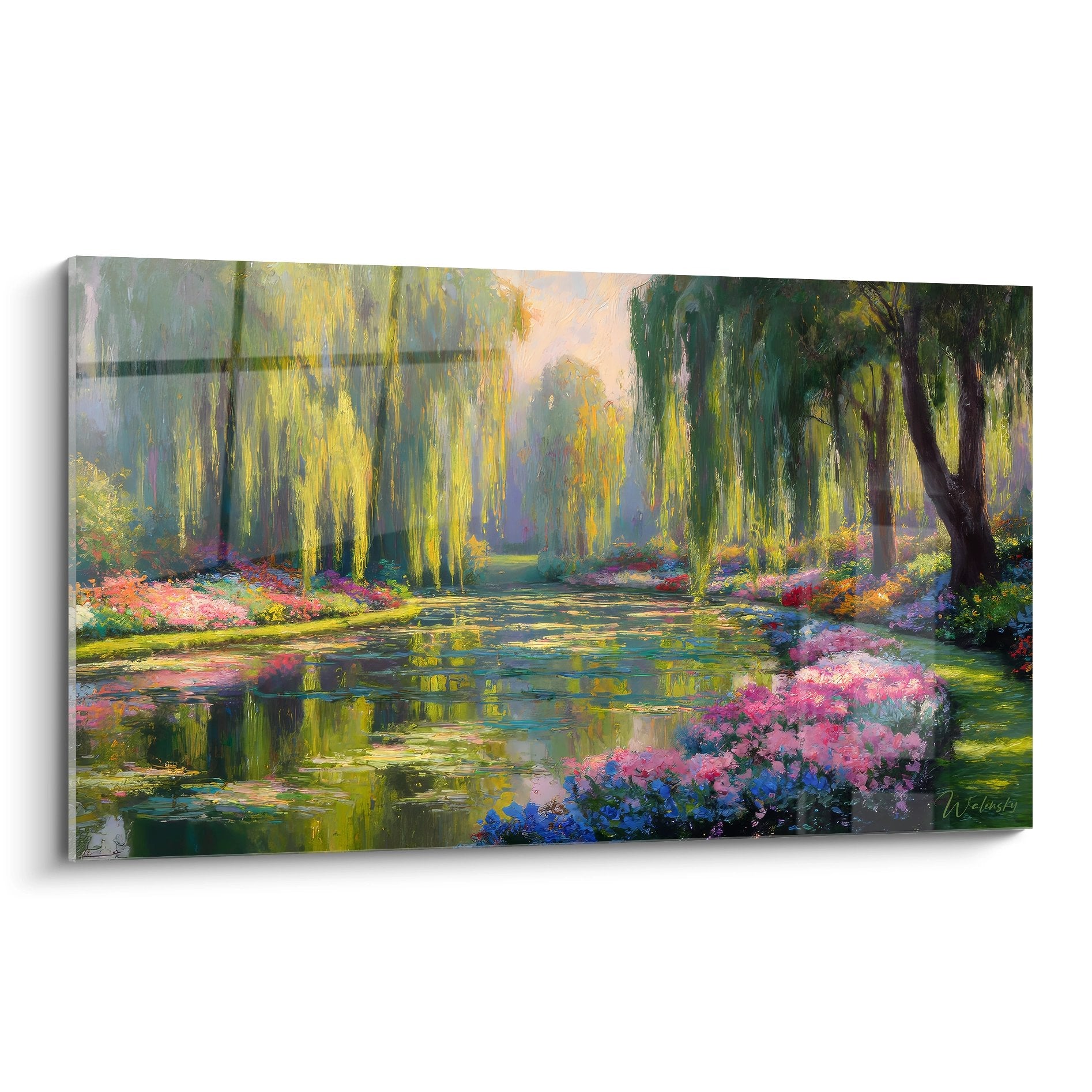 Tableau mural saules pleureurs avec bassin et fleurs colorées style impressionniste jardin