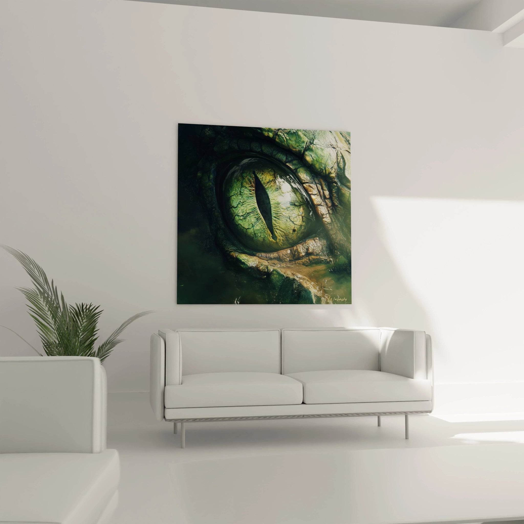 Tableau œil d'animal vert réaliste de Walensky accroché au-dessus d'un canapé blanc moderne