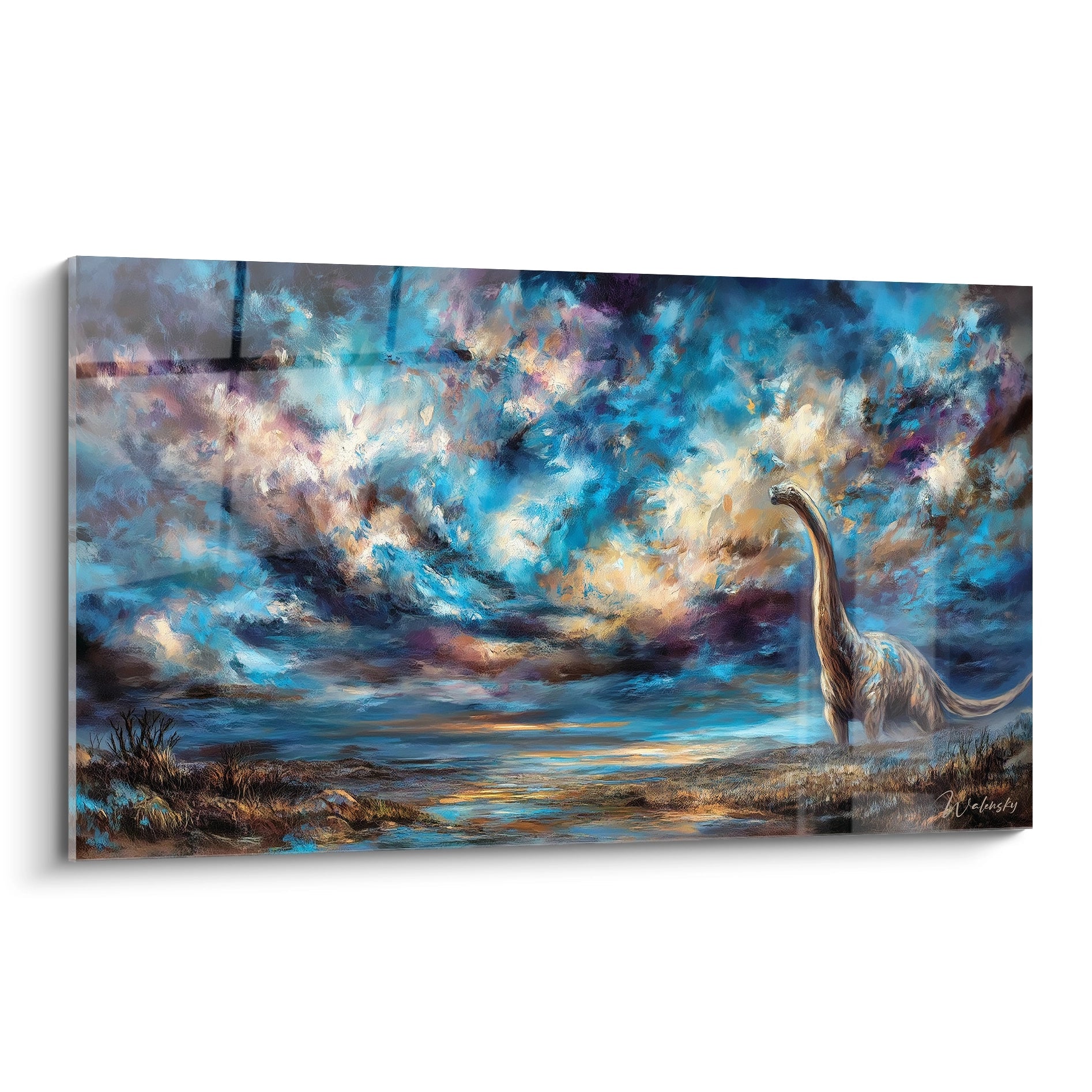 Tableau sauropode majestueux sous ciel dramatique bleu et doré, art mural dinosaure préhistorique moderne