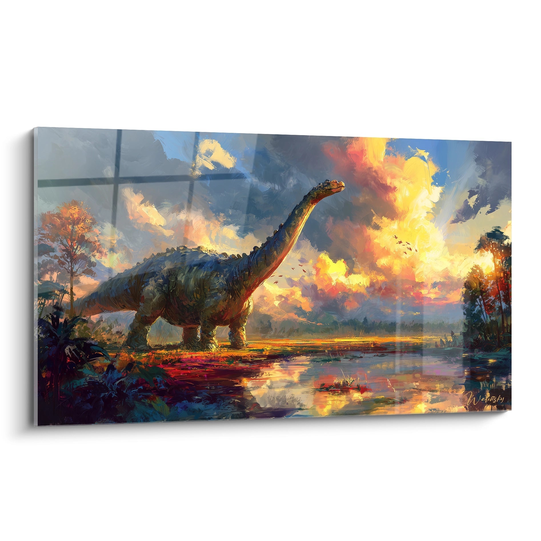 Tableau mural sauropode géant au coucher de soleil dans paysage préhistorique avec lac et végétation luxuriante