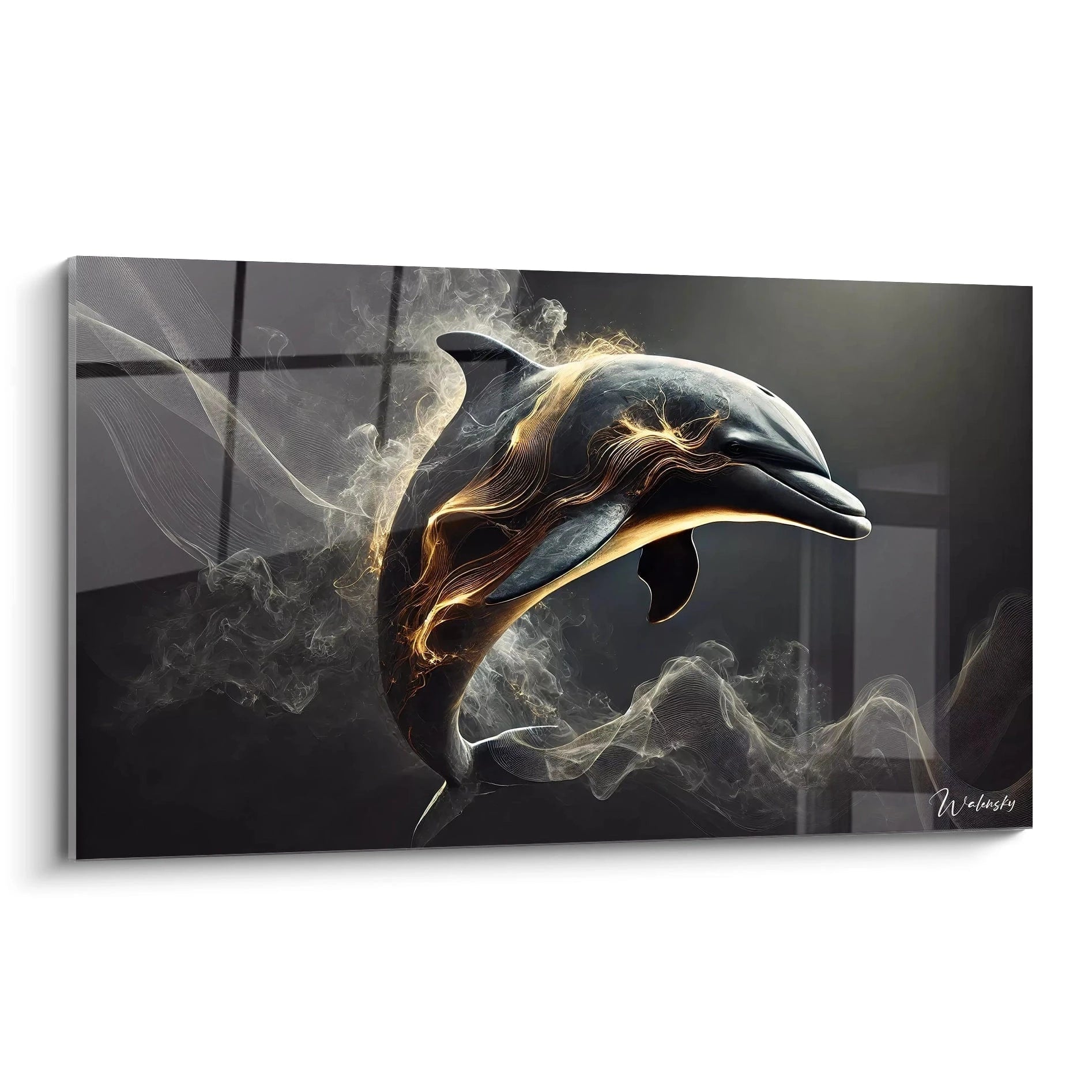 tableau dauphin vue de biais capture un mouvement gracieux dans des nuances sombres et dorées Ce chef doeuvre joue avec la lumière et les textures apportant profondeur et mystère a votre interieur moderne