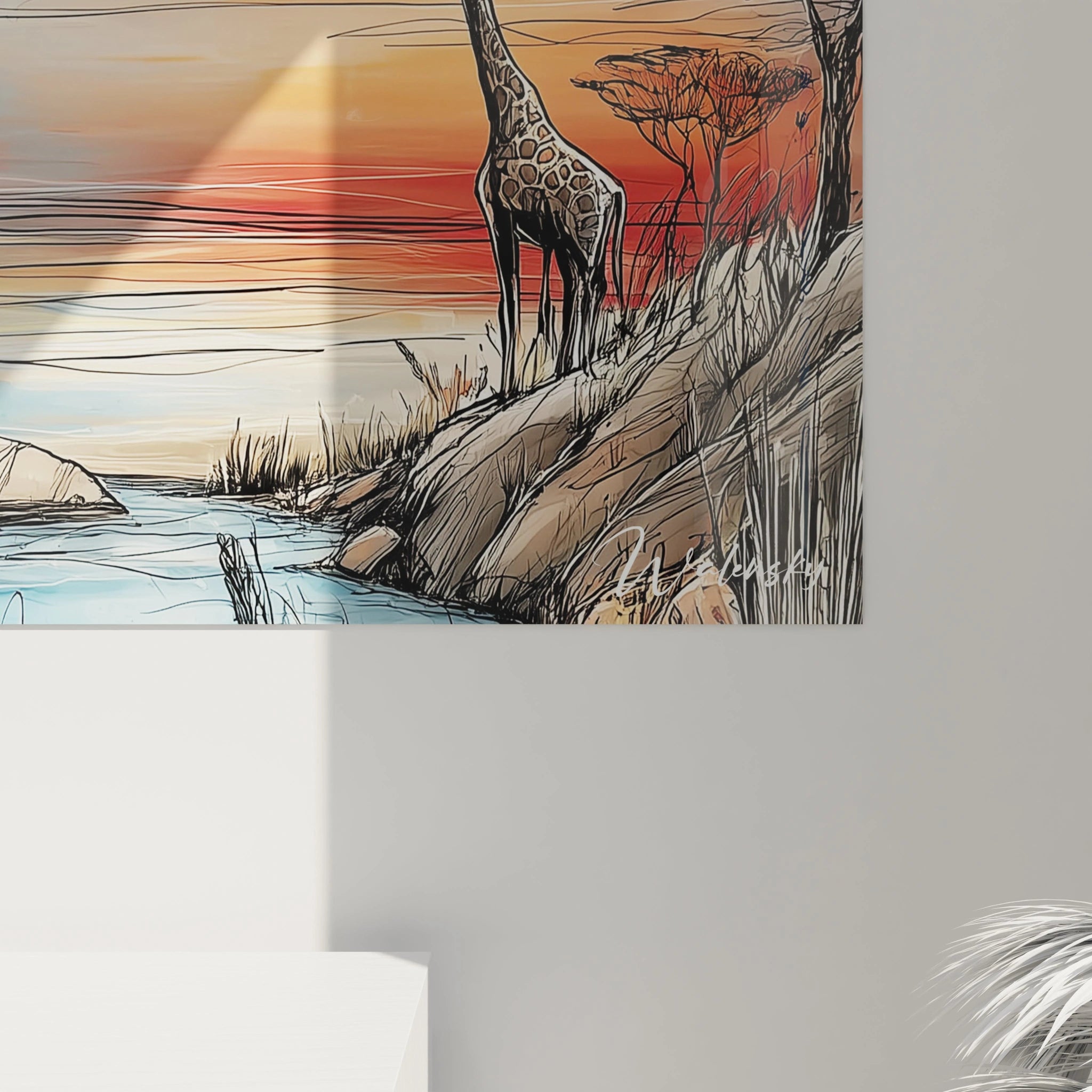Tableau mural savane africaine représentant une girafe au bord de l'eau avec un ciel coloré