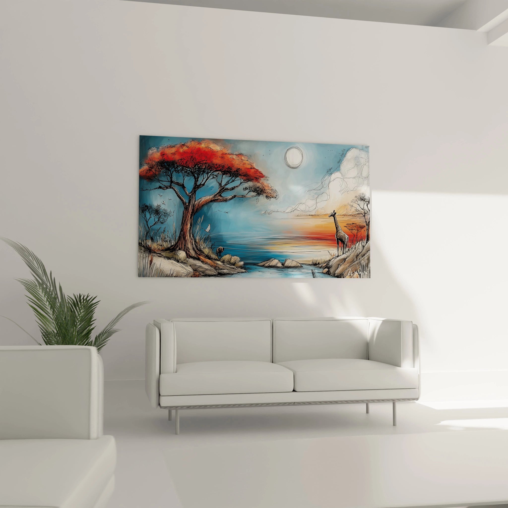 Tableau mural savane africaine de Walensky avec un arbre coloré et une girafe au coucher de soleil