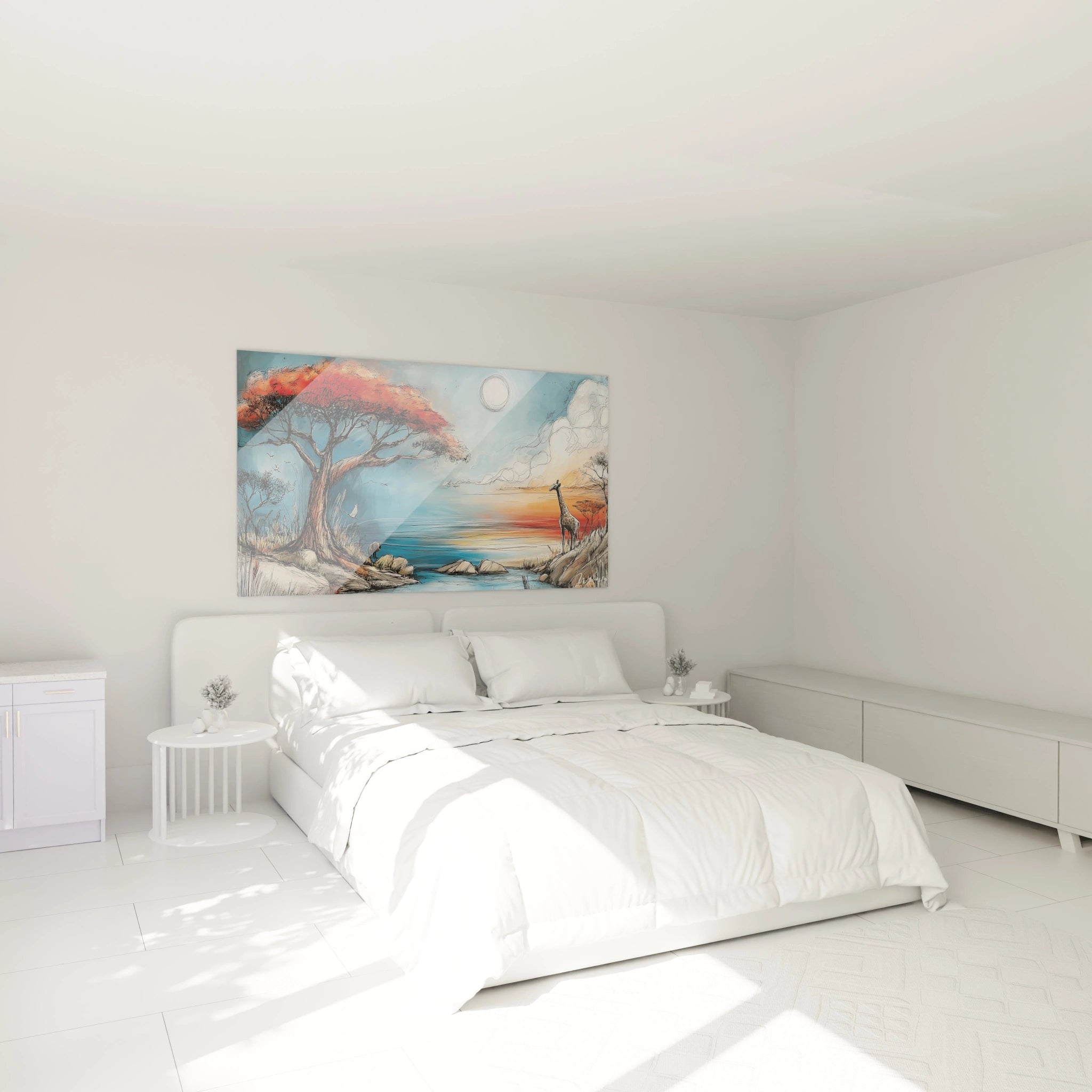 Tableau mural savane africaine de Walensky, décorant une chambre blanche avec un arbre et un paysage coloré