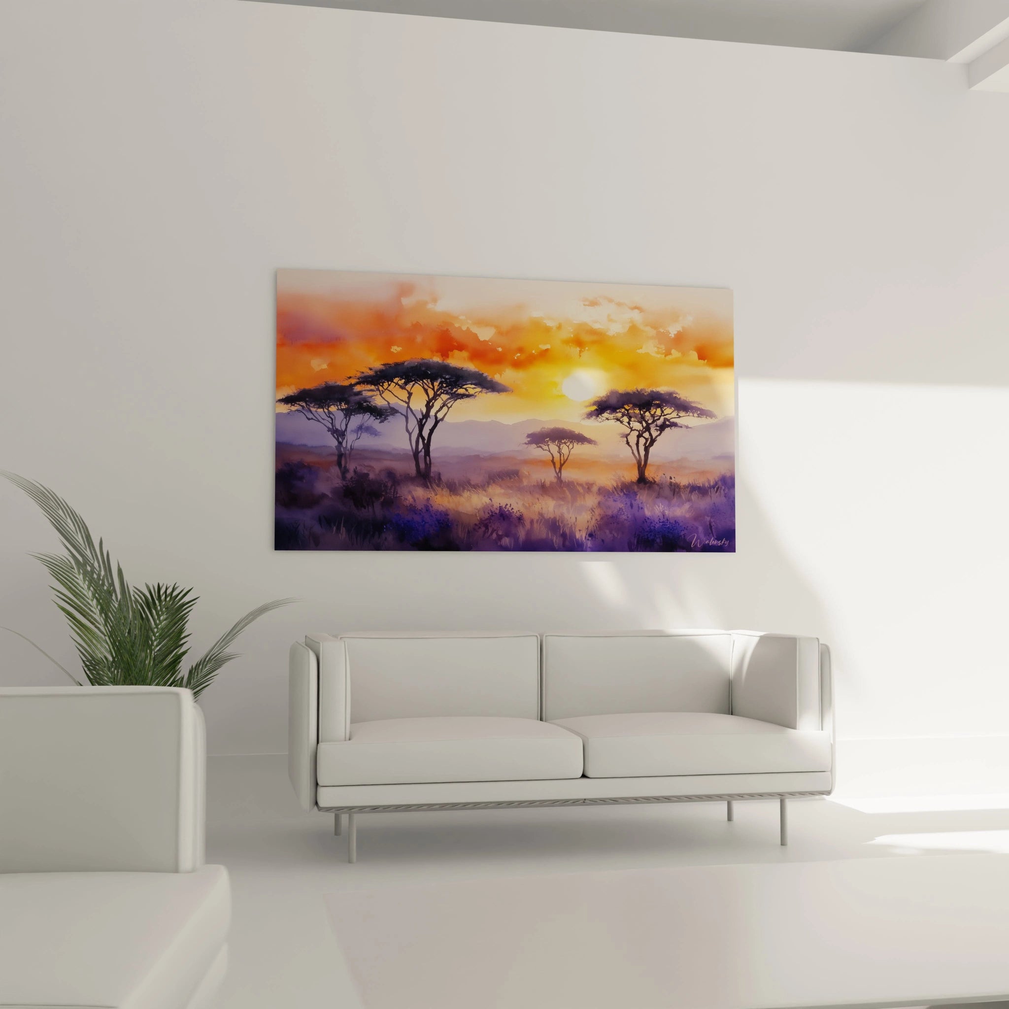 Tableau africain mural Walensky représentant un coucher de soleil avec des acacias dans la savane