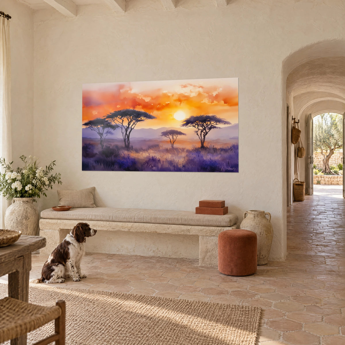 Cuadro de atardecer africano, cielo azafrán y coral, hierbas lavanda, un spaniel sentado frente al banco de un mas provenzal