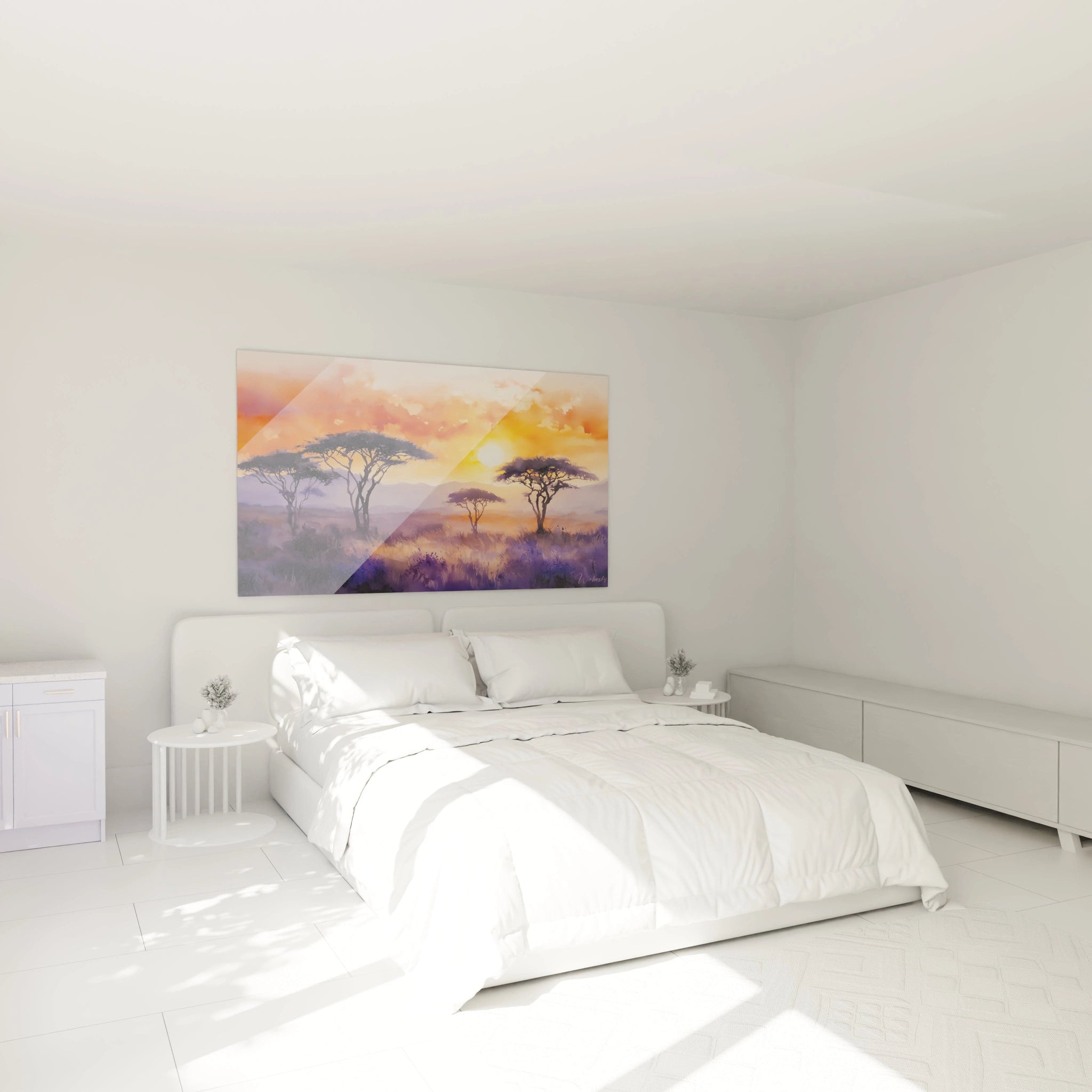 Tableau africain mural Walensky avec paysage d'acacias au coucher du soleil dans une chambre moderne