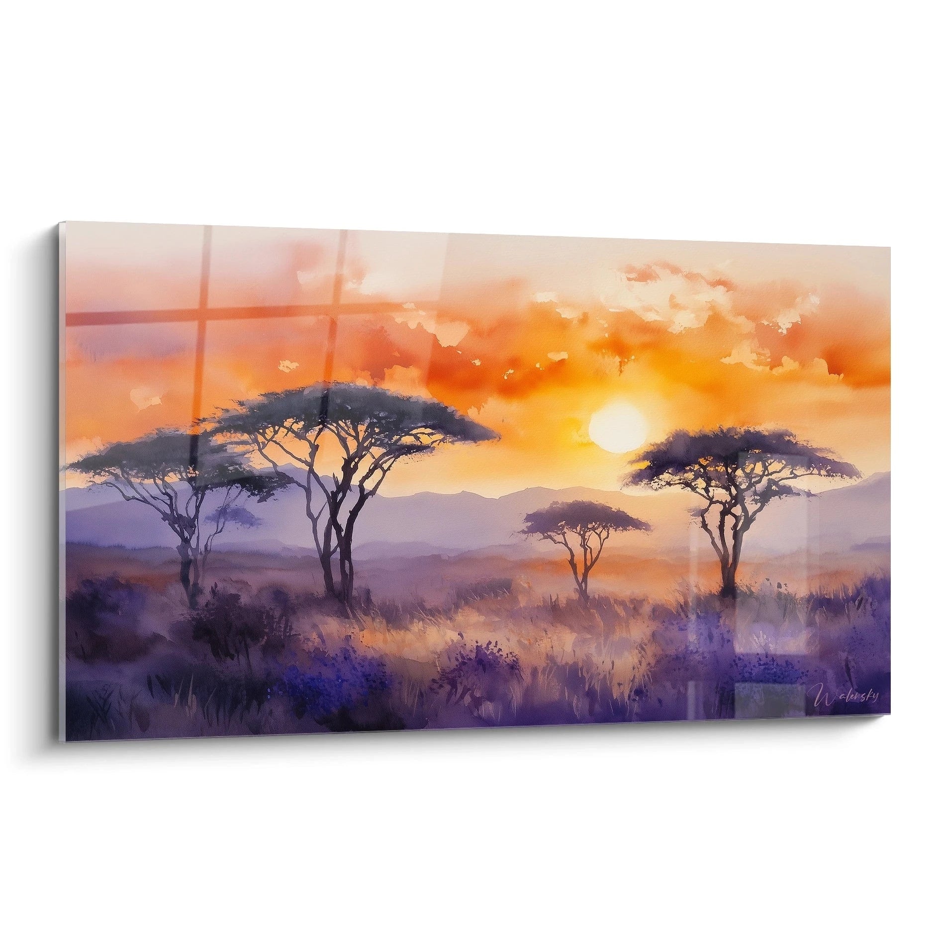 Tableau africain mural Walensky représentant un paysage au coucher de soleil avec arbres acacias