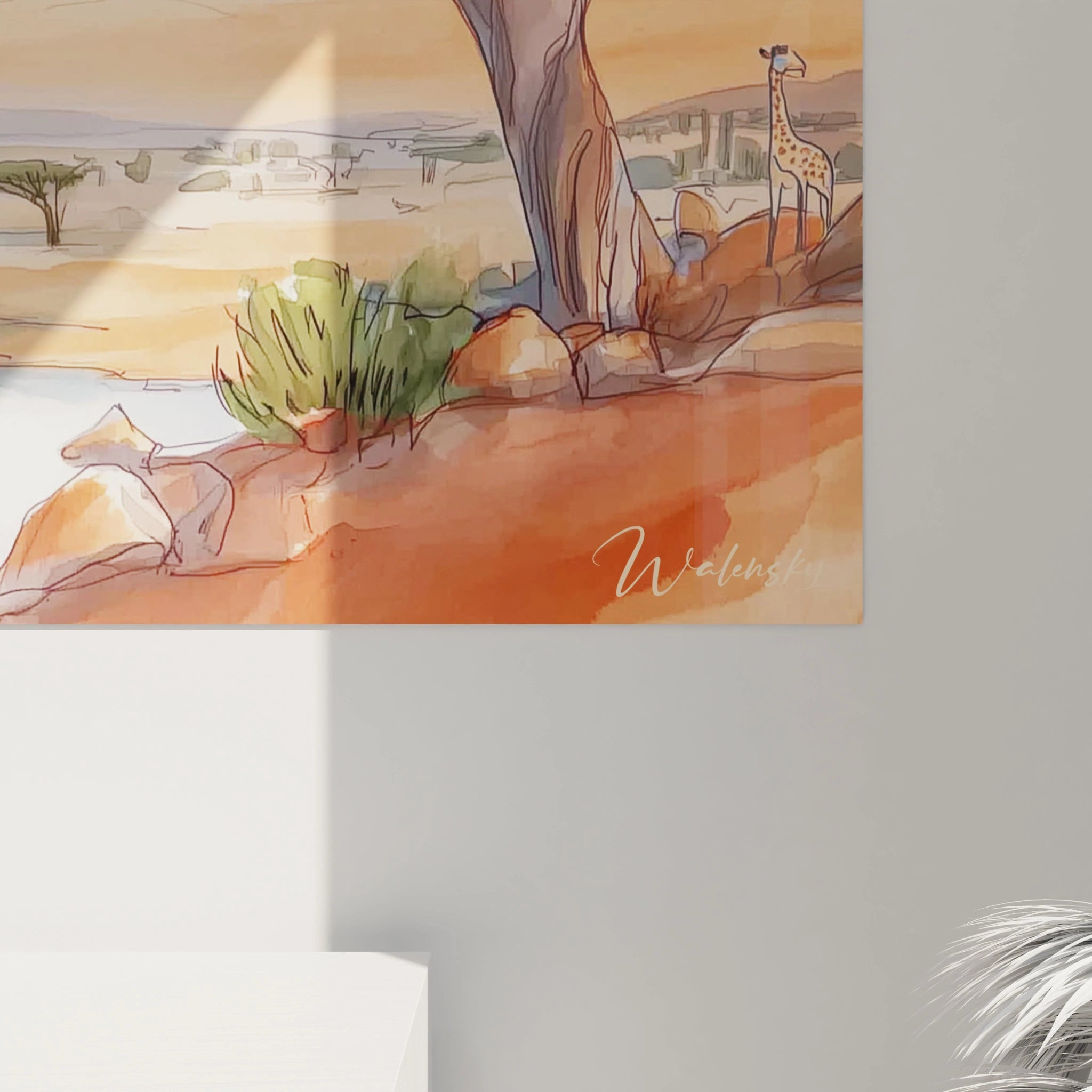 Tableau paysage africain représentant une savane avec un arbre et une girafe