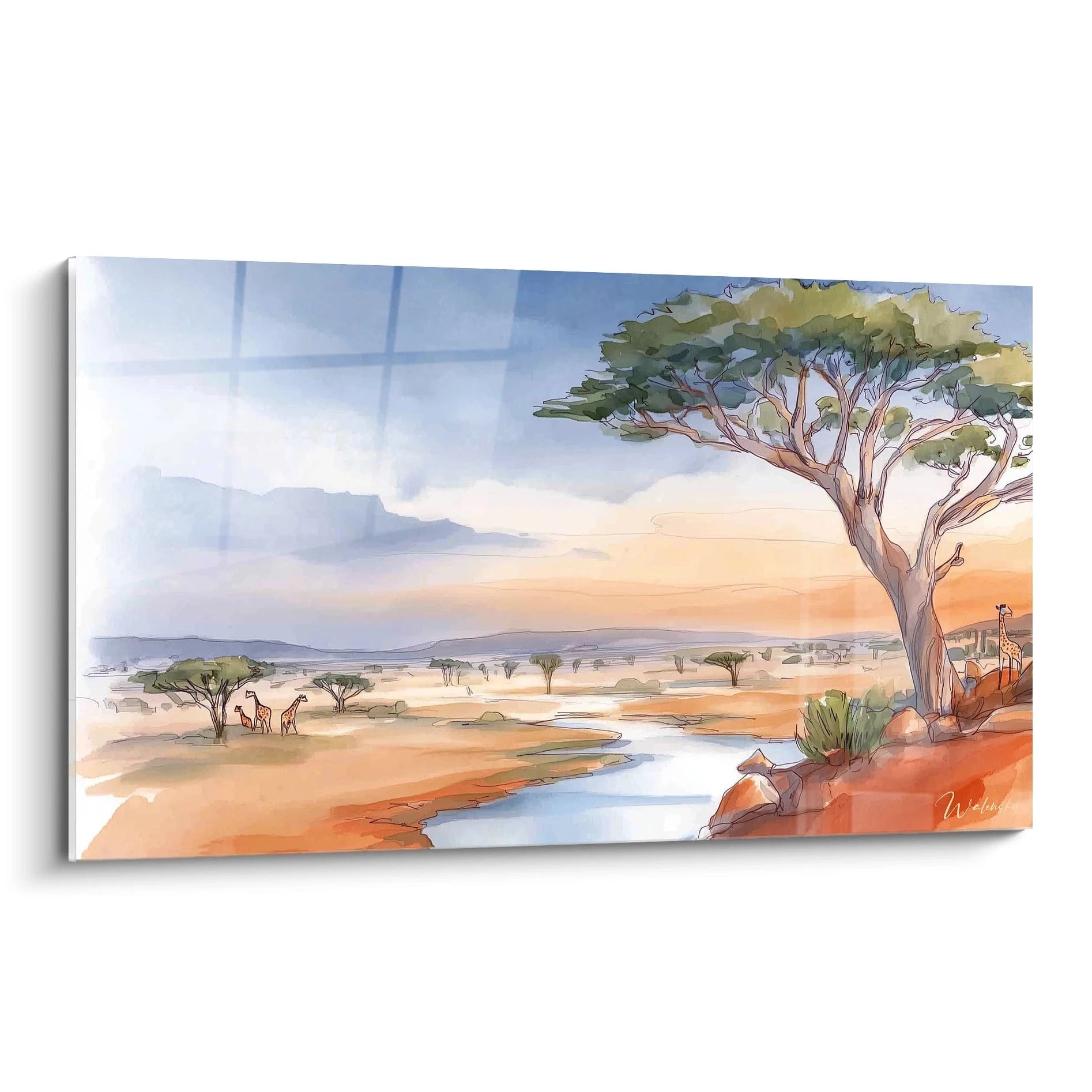 Tableau mural paysage africain avec des girafes et un arbre sur fond de savane