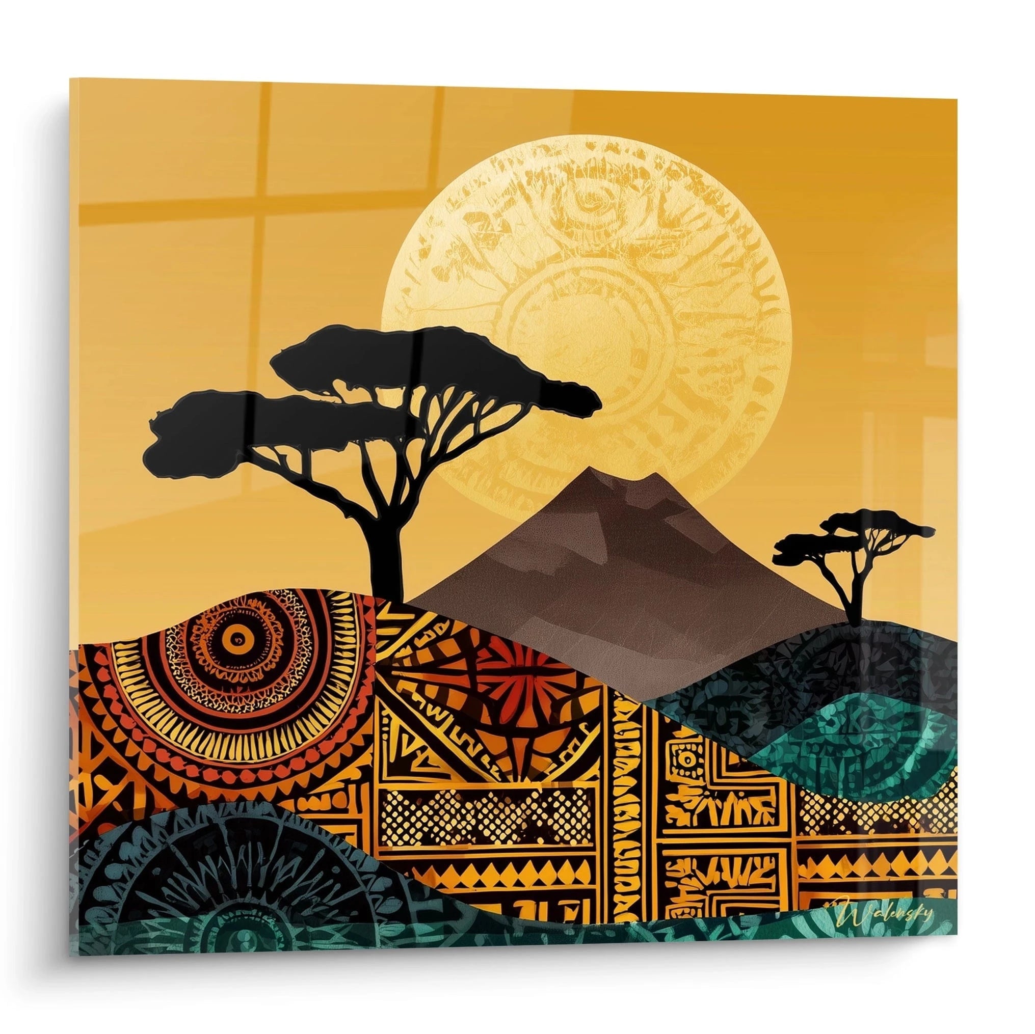 Tableau savane africaine avec paysage coloré, montagnes et arbre silhouetté dans un style artistique