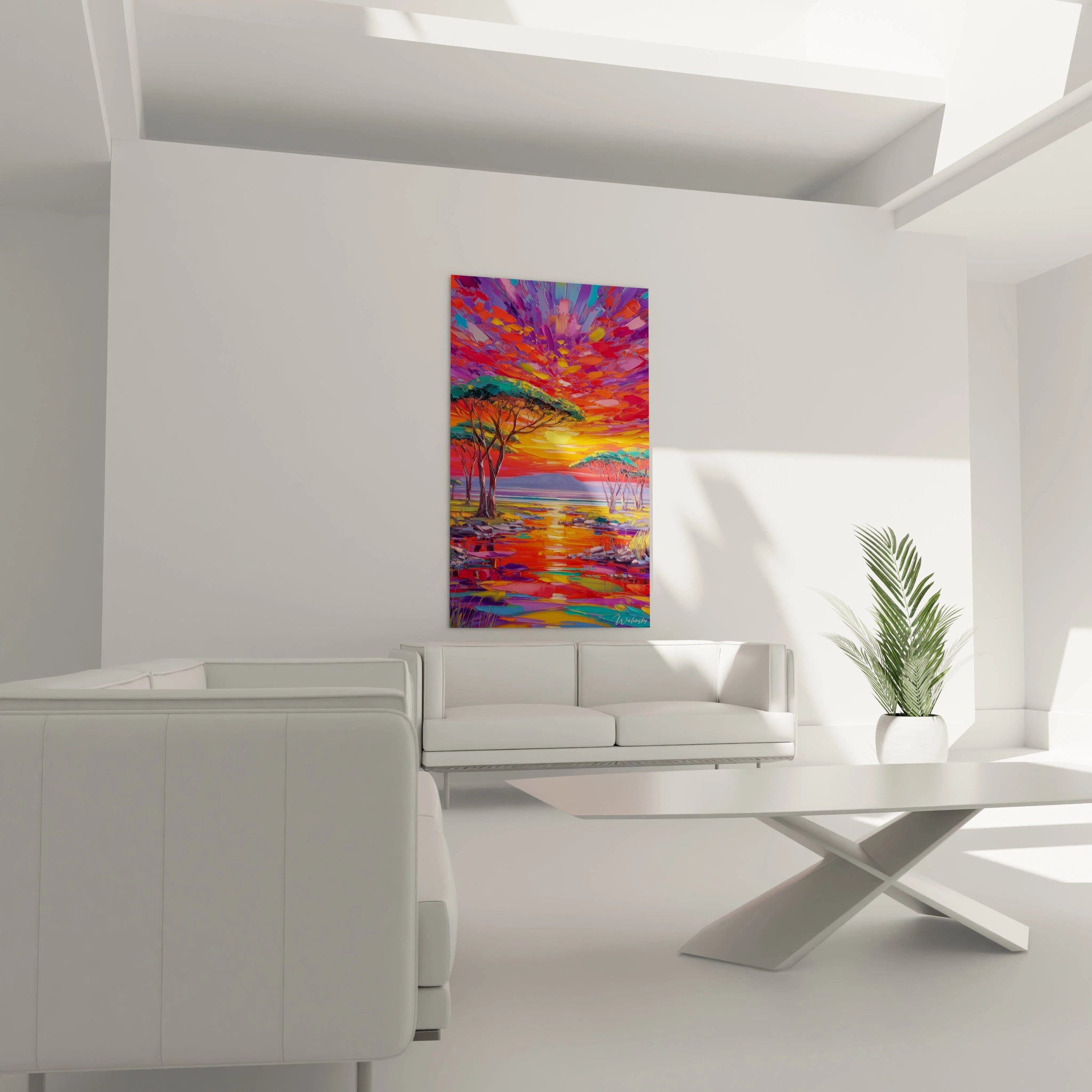 Tableau africain paysage coloré avec des arbres et un coucher de soleil vibrant dans un salon moderne