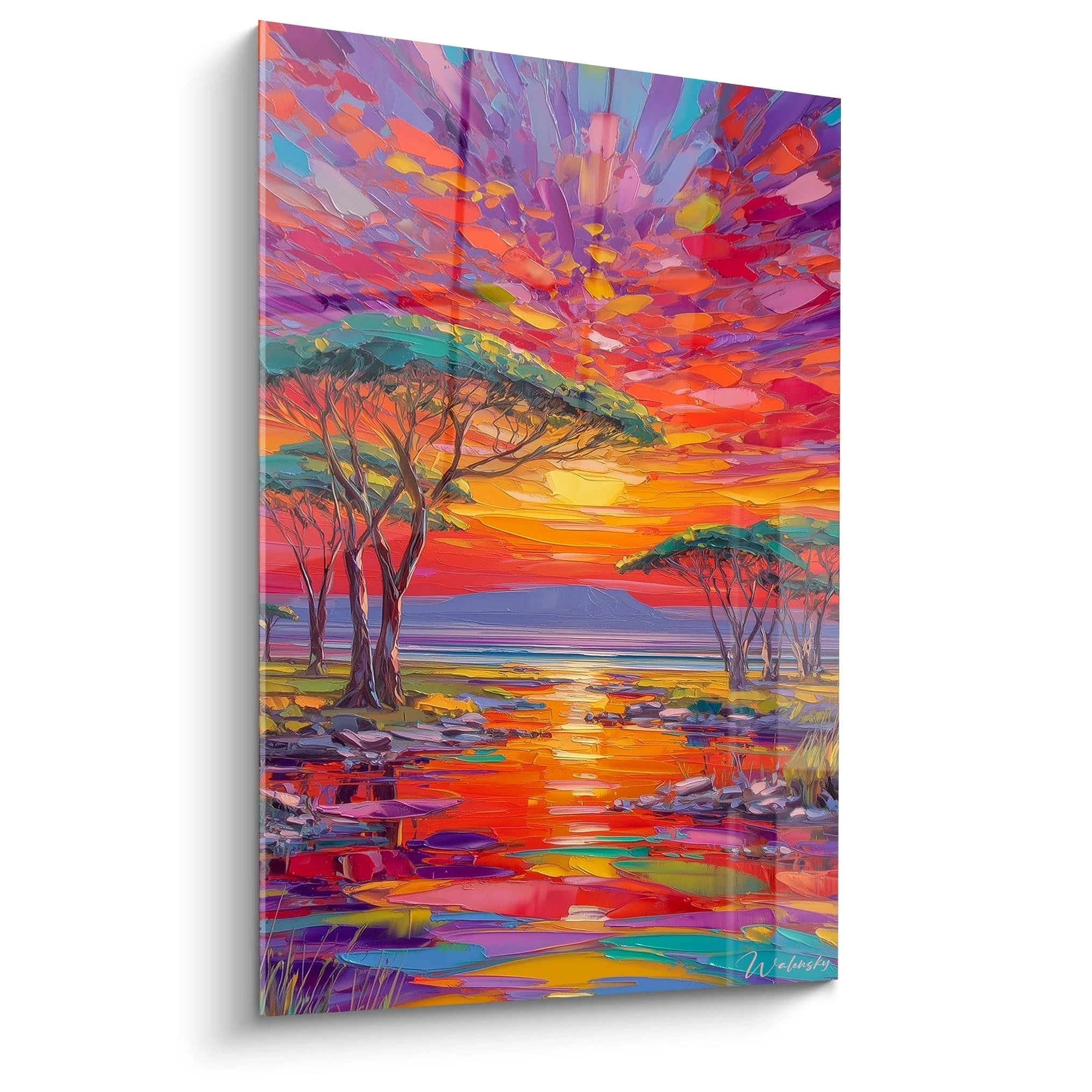 Tableau africain paysage coloré de Walensky avec des arbres et un coucher de soleil vibrant sur l'eau
