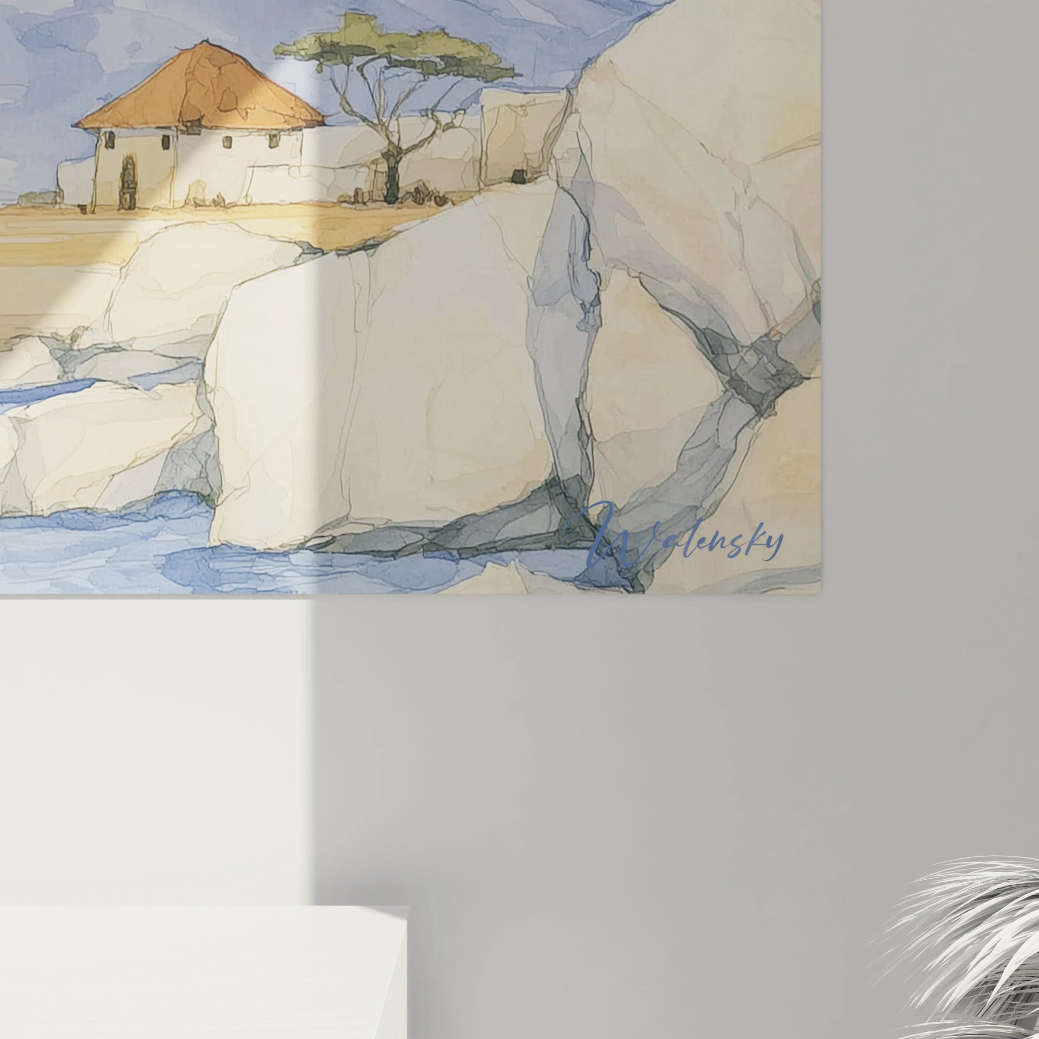 Tableau savane africaine de Walensky représentant un paysage serein avec une maison et des rochers