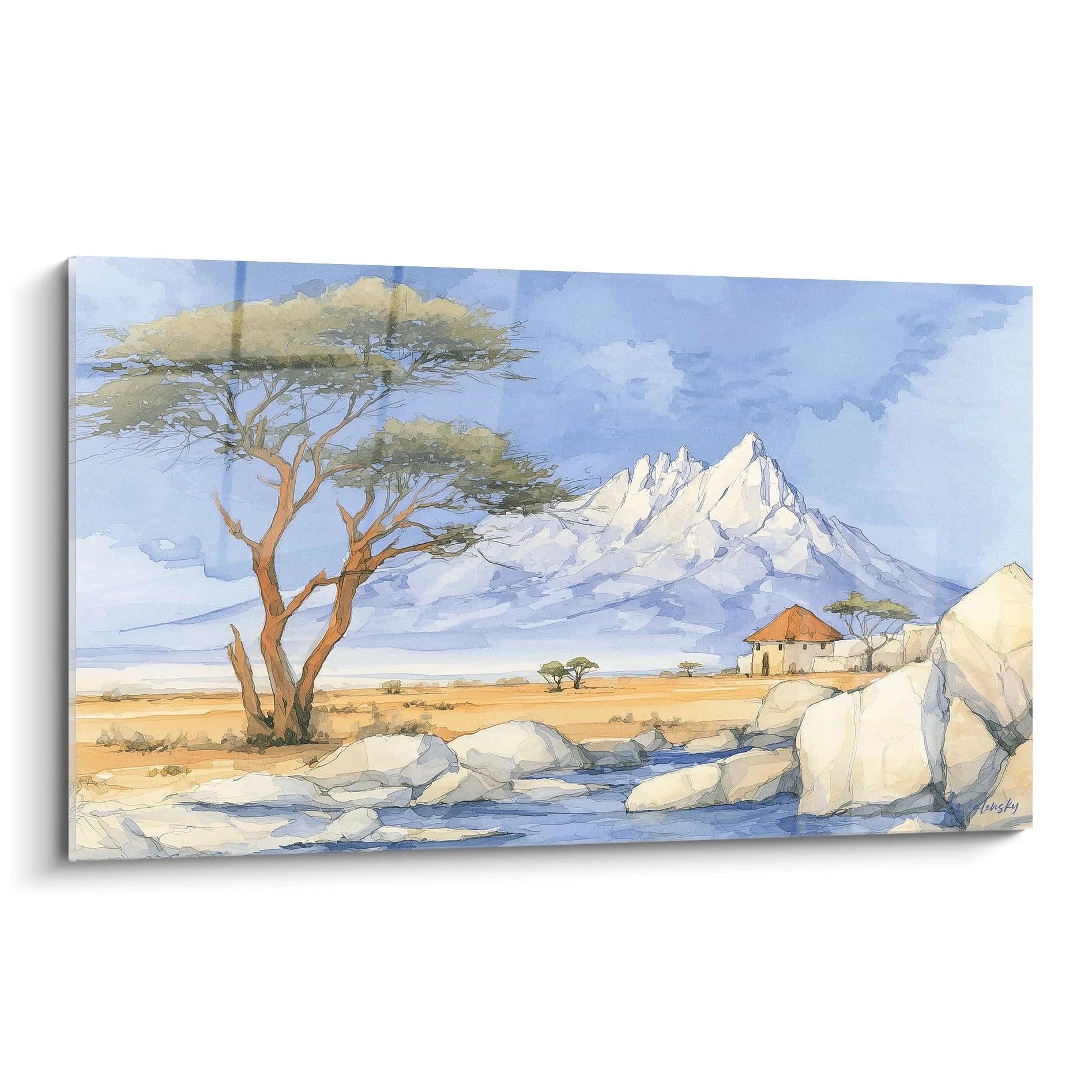 Tableau mural savane africaine avec paysage montagneux et arbre, signé par Walensky