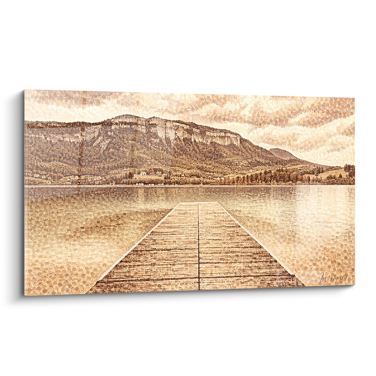 Ponton de bois beige avançant vers un lac face à des montagnes brunes en pointillé sépia
