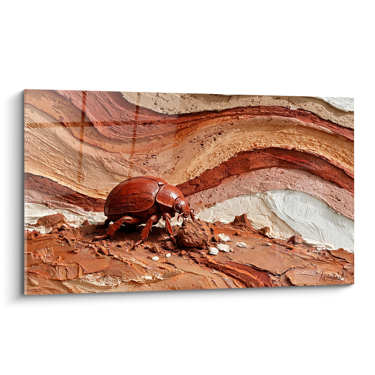 Scarabé brun cuivré poussant une boule d'argile sur fond terracotta et ivoire texturé
