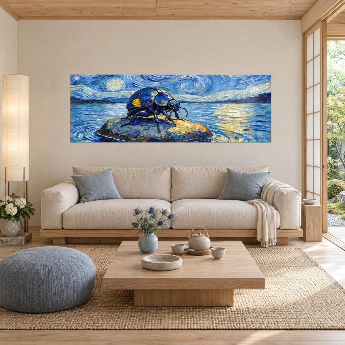 Carapace bleu profond et ocre du scarabé, accrochée au-dessus d'un lit dans une chambre claire