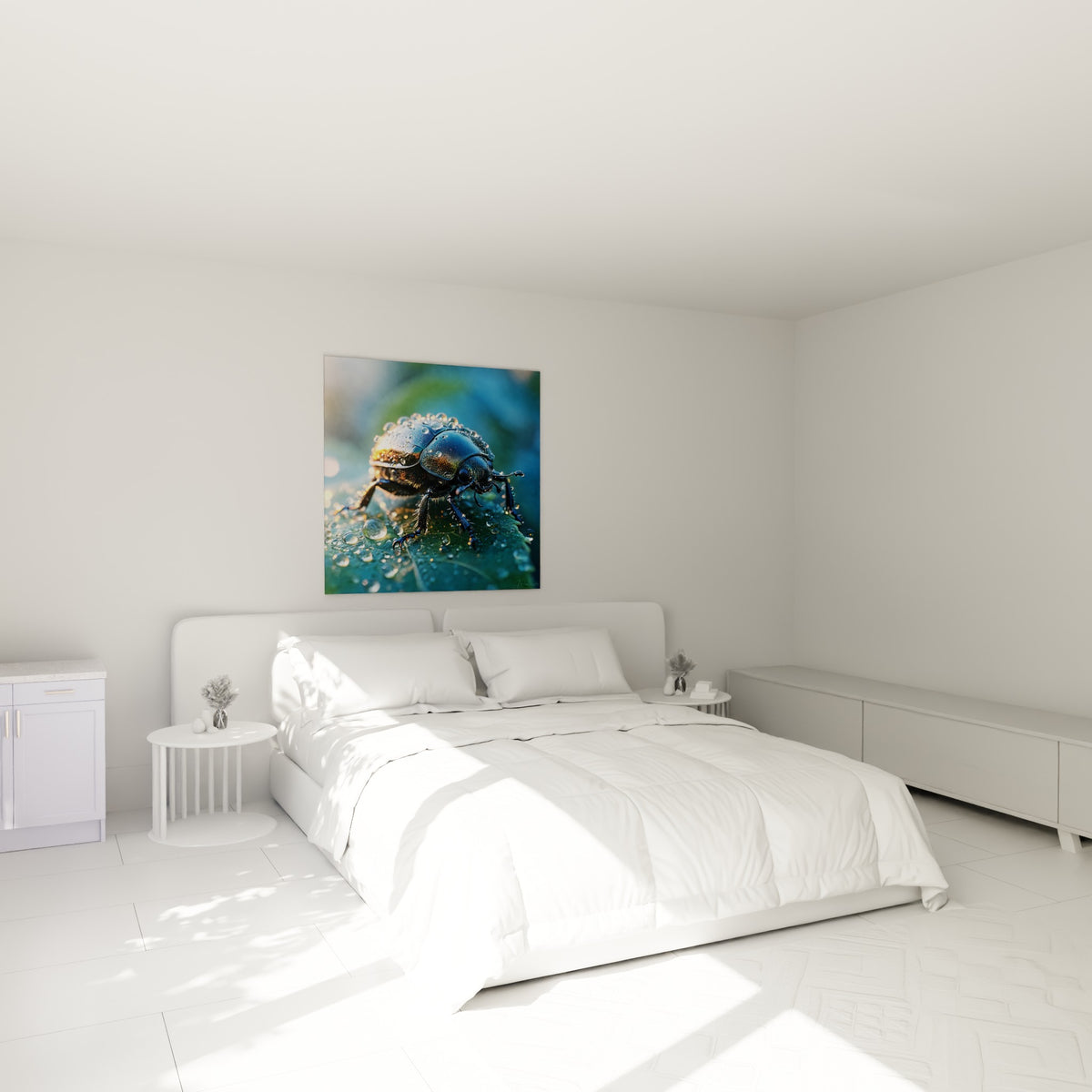 Carapace de scarabé bronze et turquoise perlée d'eau au-dessus d'un lit dans une chambre claire
