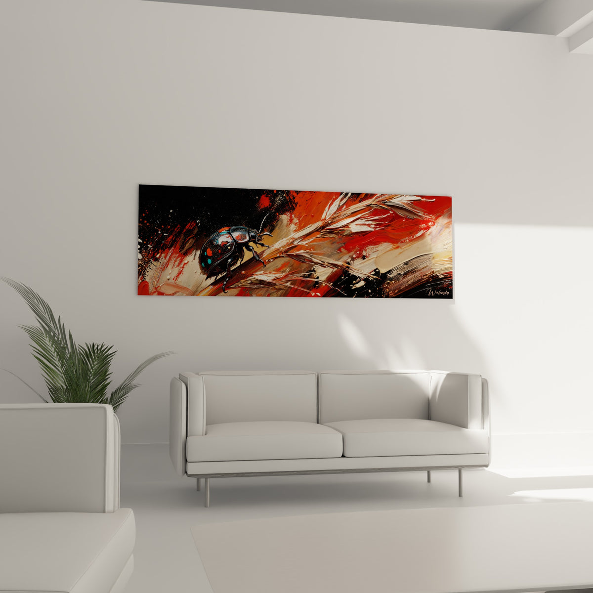 Carapace sombre et brillante progressant sur des fibres de blé rouge et ocre, au-dessus d'un canapé dans un salon lumineux