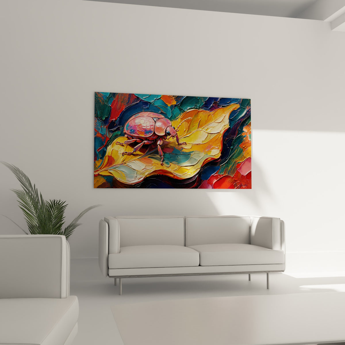 Carapace rose métallisée sur feuille ocre texturée, suspendue au-dessus d'un canapé dans un salon lumineux