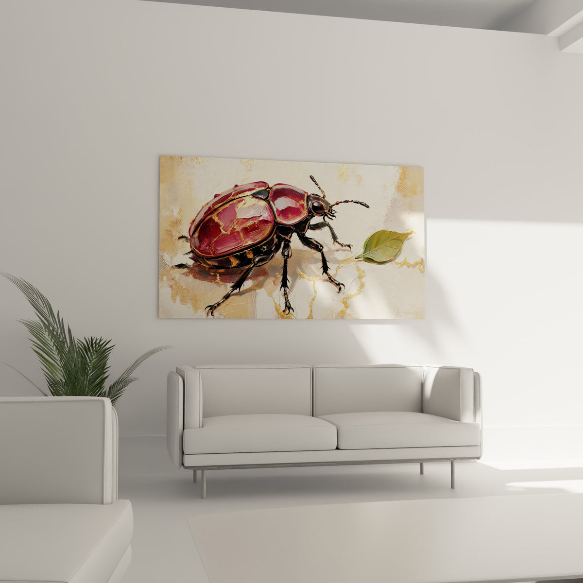 Scarabée pourpre et anthracite s'avançant vers une feuille verte, au-dessus d'un canapé dans un salon lumineux