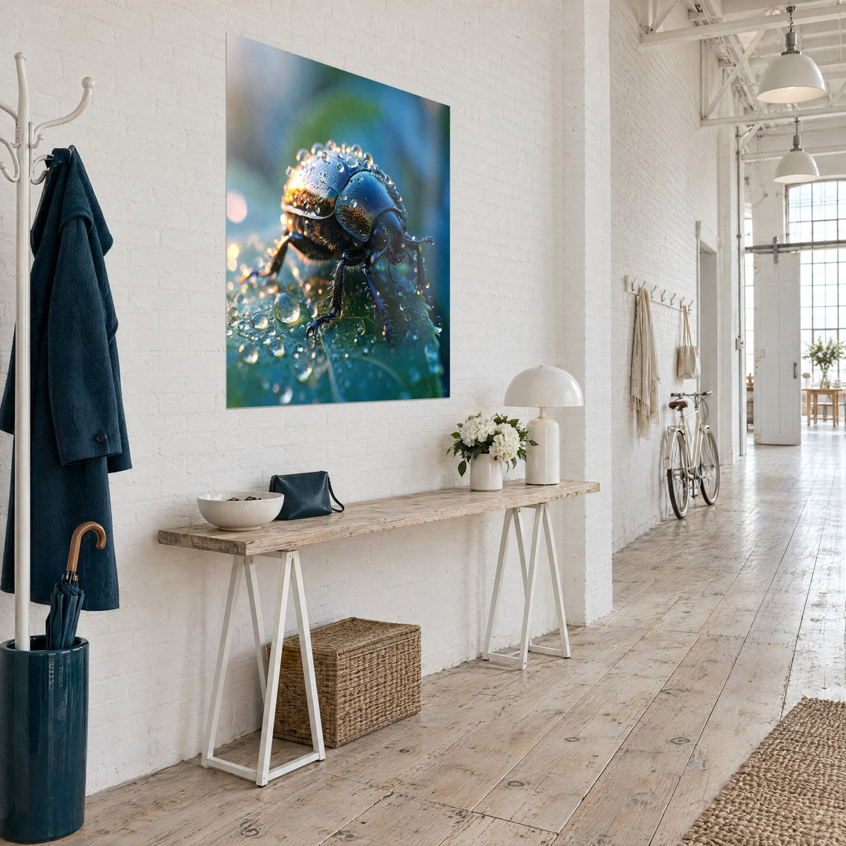 Insecte scarabé aux reflets dorés et bleu nuit disposé au-dessus d'un canapé dans un salon lumineux