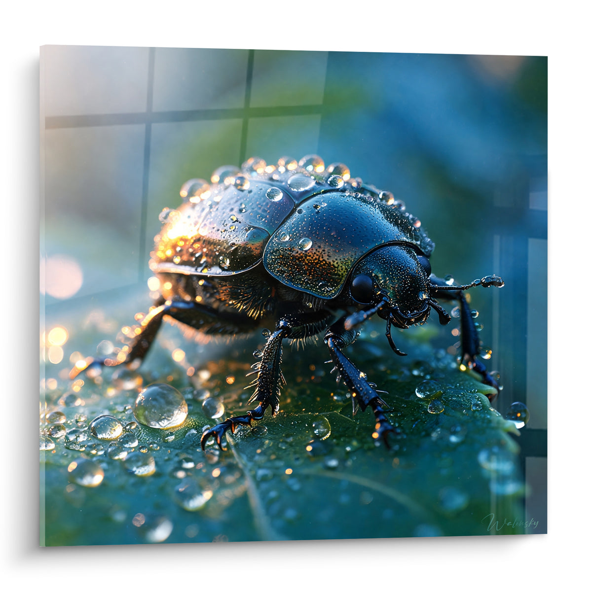 Scarabé bleu marine et doré perlé de gouttes de rosée sur feuille verte texturée